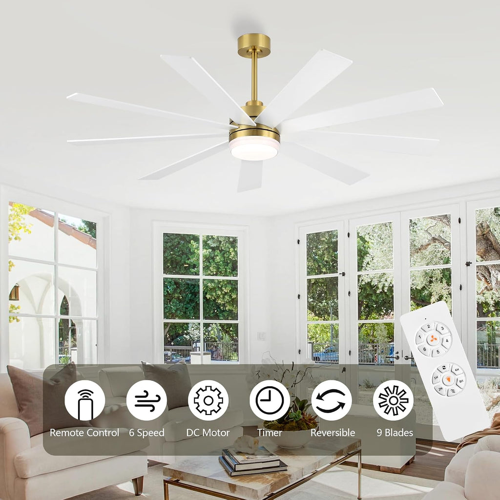 LEDLUX 64' Ceiling Fan with Light, 6-Speed Remote Control, Reversible DC Motor, Modern 9 Blades with 4.5'/12' Downrods for Home or Commercial White/Gold