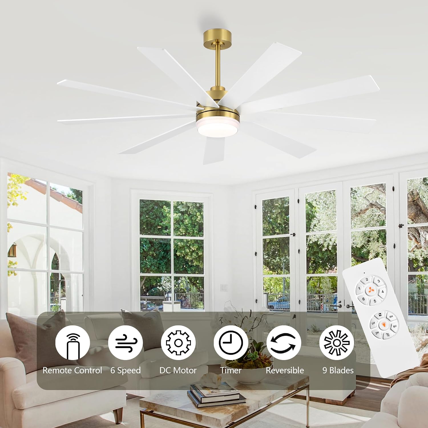 LEDLUX 64' Ceiling Fan with Light, 6-Speed Remote Control, Reversible DC Motor, Modern 9 Blades with 4.5'/12' Downrods for Home or Commercial White/Gold