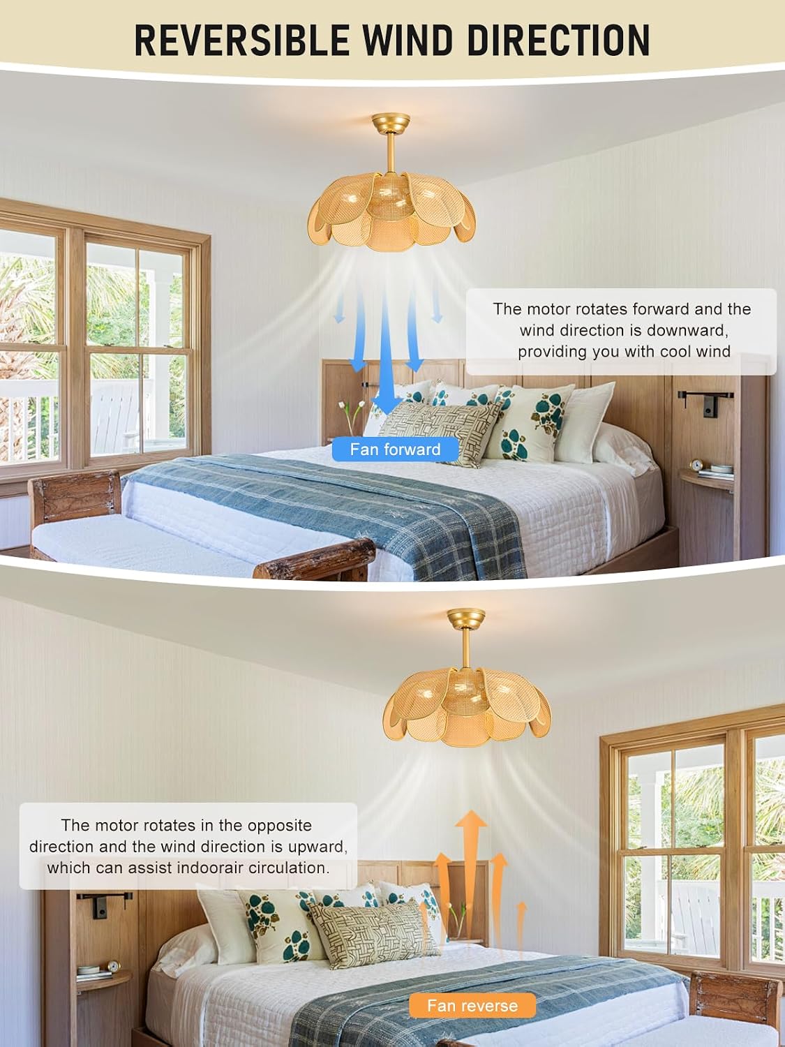 Rattan fandelier Ceiling Fan with Light Boho Ceiling Fans with Lights and Remote Gold Chandelier Fan for Bedroom, Living Room,Kitchen,Foyer(26 Inch,6 Speed, Timing Adjustable Height Flower)