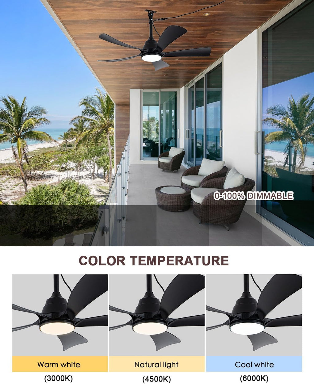 Waterproof Outdoor Ceiling Fan with Lights, IP65 Hanging Gazebo Fan with App/Remote Control, Plug in Ceiling Fan Light for Porch, Patio (42 inch)
