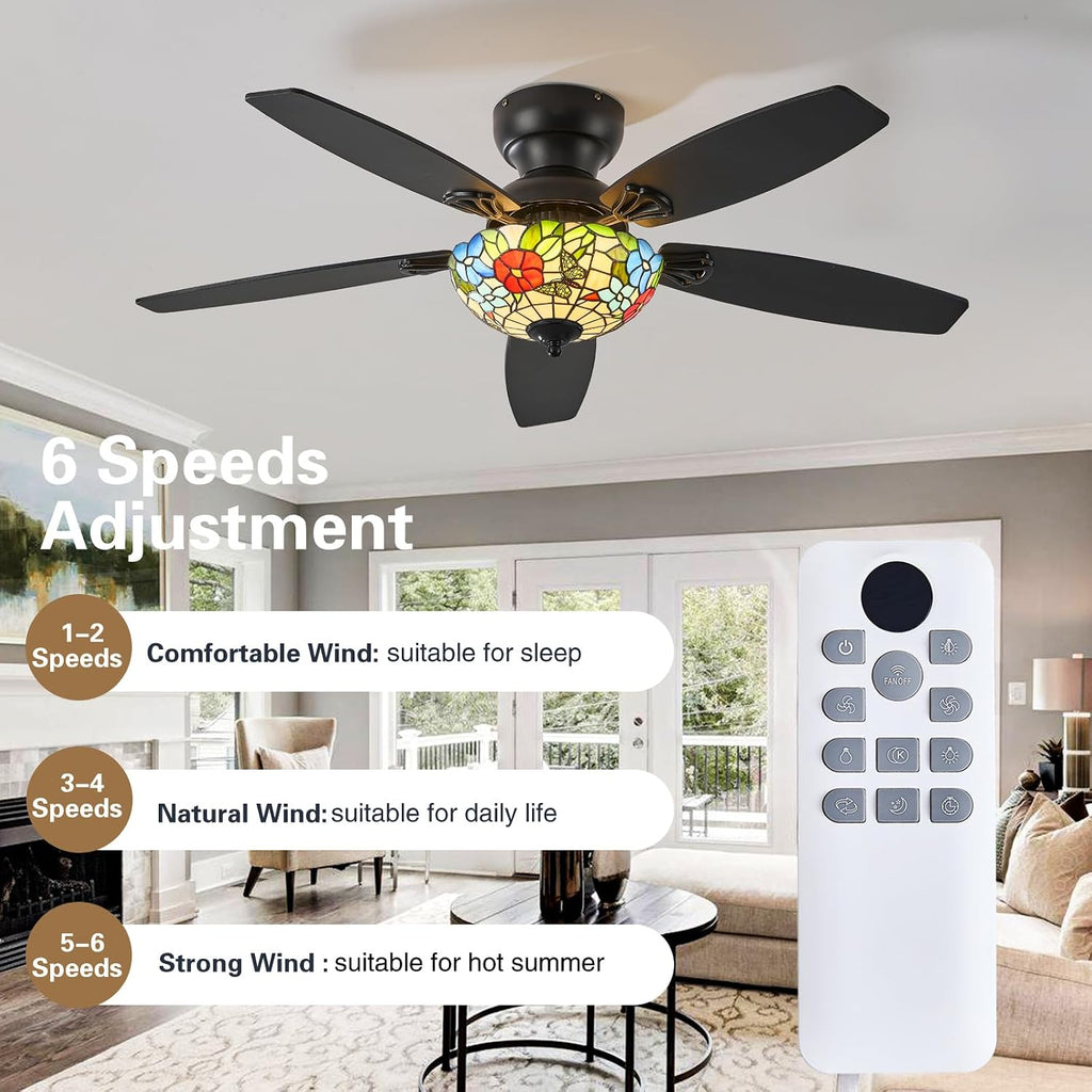 Tiffany Ceiling Fans with Lights - 48' Ceiling Fan Chandelier with 5 Dual-Blades and Glass Shade, 6 Speeds and Reversible, Indoor and Outdoor, Retro Style