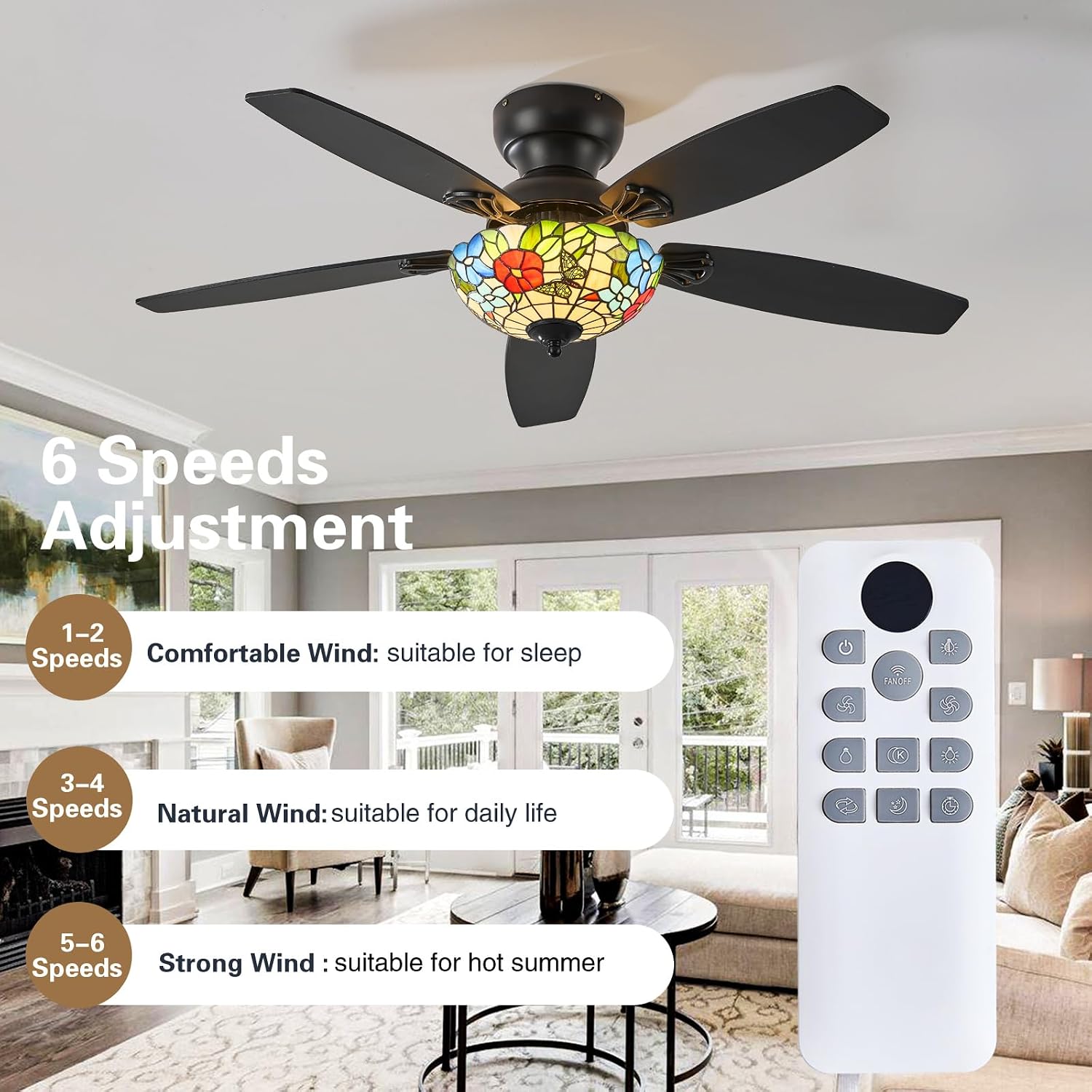 Tiffany Ceiling Fans with Lights - 48' Ceiling Fan Chandelier with 5 Dual-Blades and Glass Shade, 6 Speeds and Reversible, Indoor and Outdoor, Retro Style