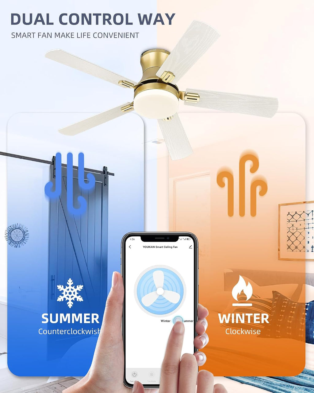 YOUKAIN Ceiling Fans with Lights, 52 inch Low Profile Ceiling fan with Remote Control and App Control, Flush Mount, Reversible, Dimmable, Gold Ceiling Fan for Bedroom, Indoor/Outdoor Use, 52-YJ865-GD