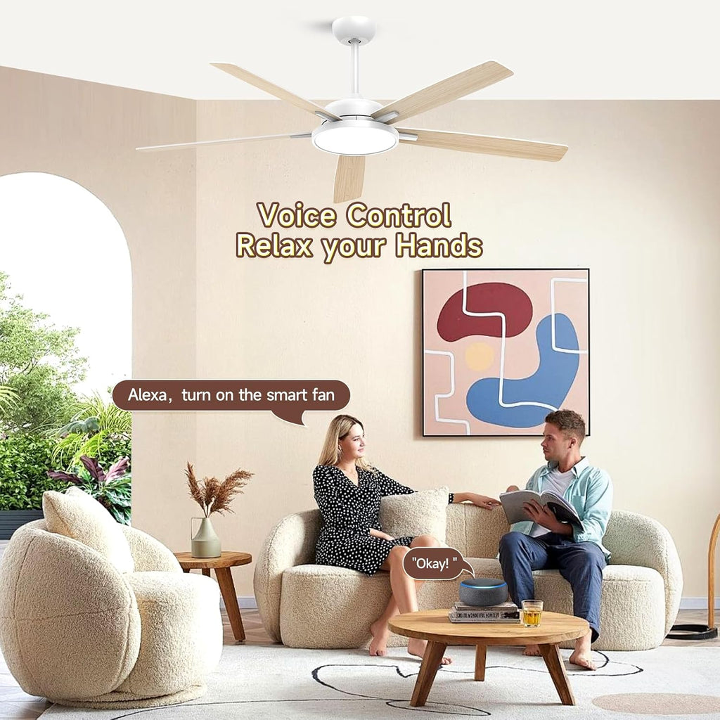 Roomratv Ceiling Fans with Lights,62 Inch Smart Ceiling Fan,Remote and App Control,Dimmable,Reversible,Noiseless, Compatible with Alexa,Google Home,Large White Modern ceiling fan for Indoor/Outdoor
