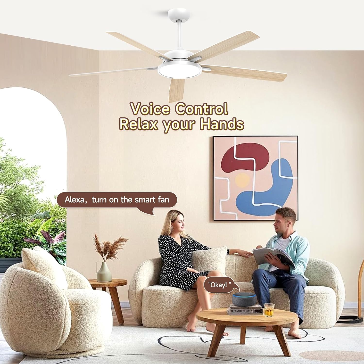 Roomratv Ceiling Fans with Lights,62 Inch Smart Ceiling Fan,Remote and App Control,Dimmable,Reversible,Noiseless, Compatible with Alexa,Google Home,Large White Modern ceiling fan for Indoor/Outdoor