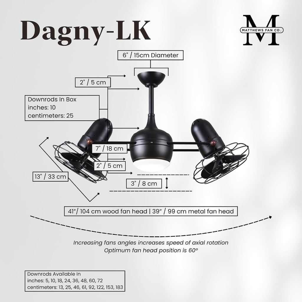 Matthews DGLK-BK-MTL Dagny LK Damp Rated 39' Dual Motor 360° Rotational Metal LED Ceiling Fan with Light & Remote, Matte Black