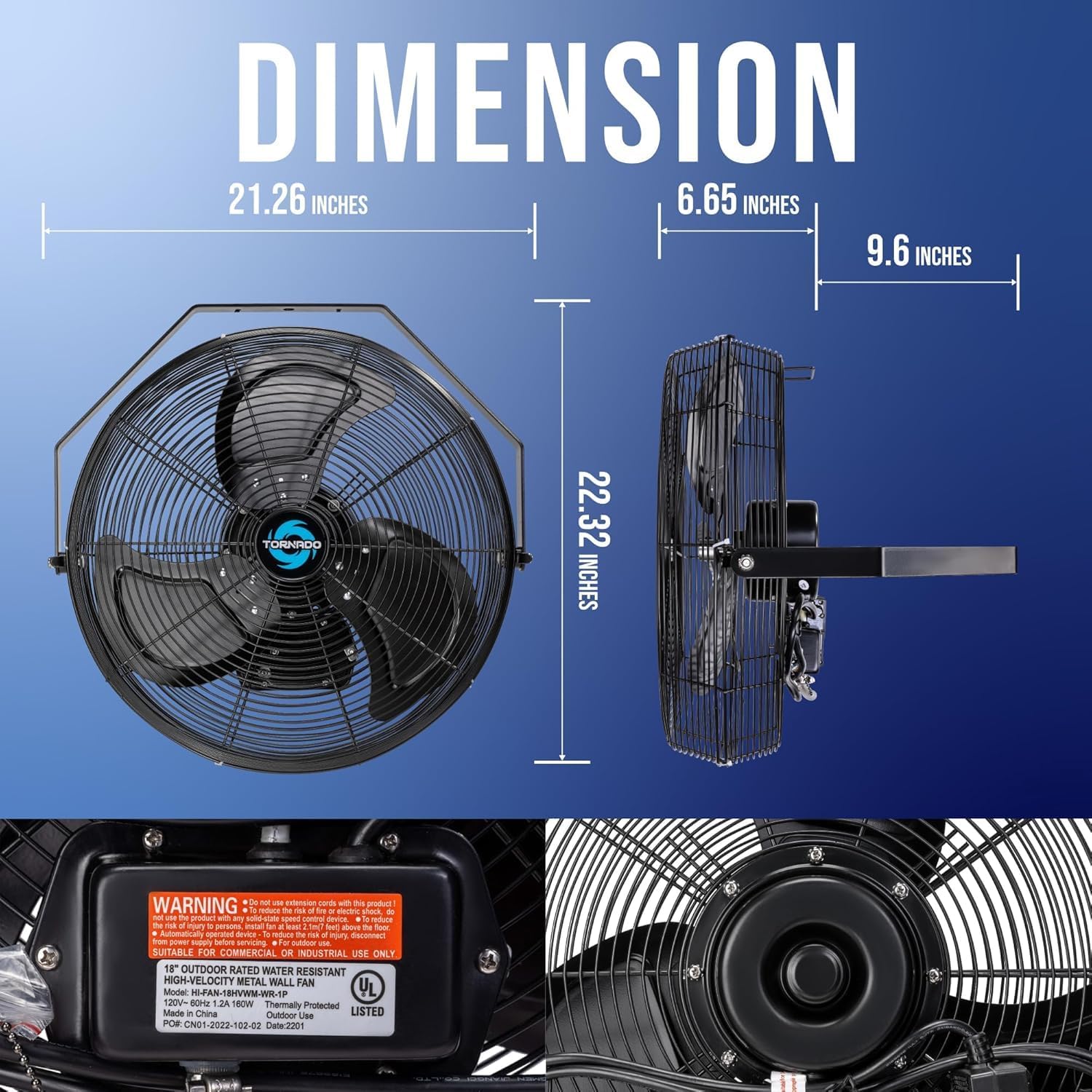 Tornado 20 Inch Outdoor Rated IPX4 Water-Resistant High Velocity Fan Industrial Workstation Wall Mount Fan For Commercial, Industrial, Residential, Greenhouse Use 3 Speed 4750 CFM UL Safety Listed