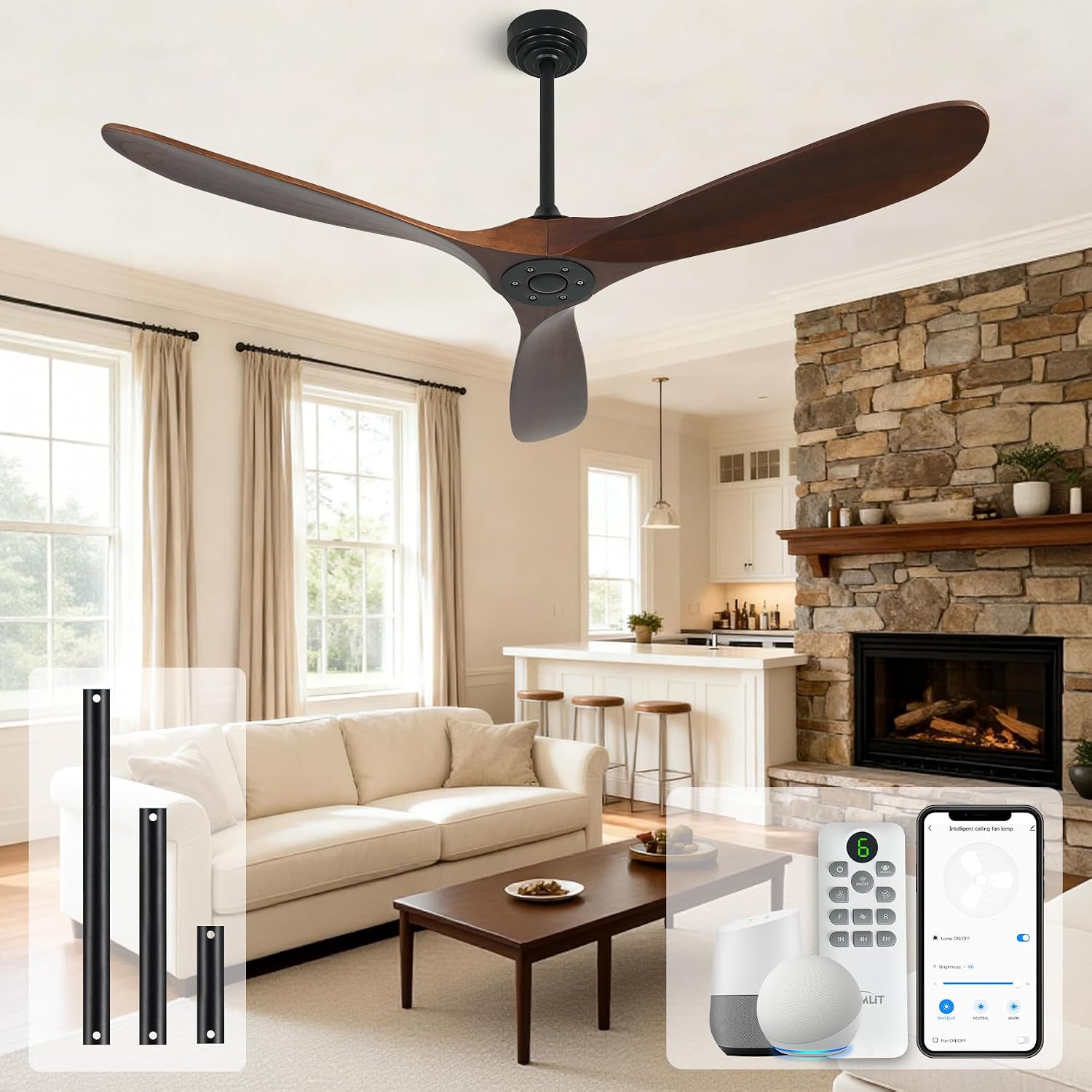 Outdoor Ceiling Fan Without Light, 60 Inch Smart Ceiling Fan with Remote & Voice Control for Alexa/Google, 3-Blade Wood Fan, Quiet DC Motor, 6 Speeds for Patio, Porch, Farmhouse, Dark Walnut