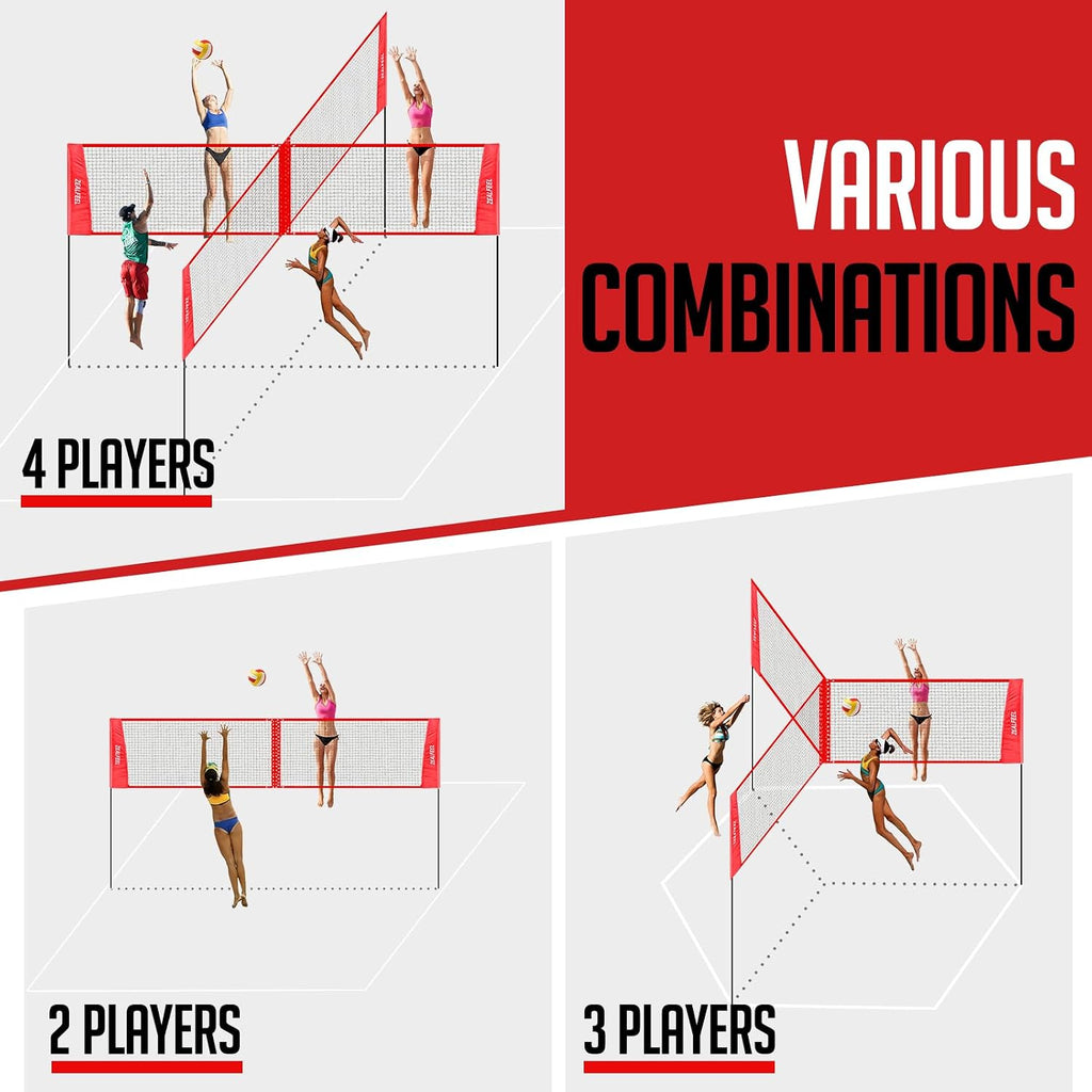 ZEALFEEL 4-Way Volleyball and Badminton Combo Net, 3 Heights Adjustable 4 Square Volleyball Game Set with Vollyball, Pump, Carry Bag, Hammer, 14 FT 4 Person Net for Backyard Beach Lawn