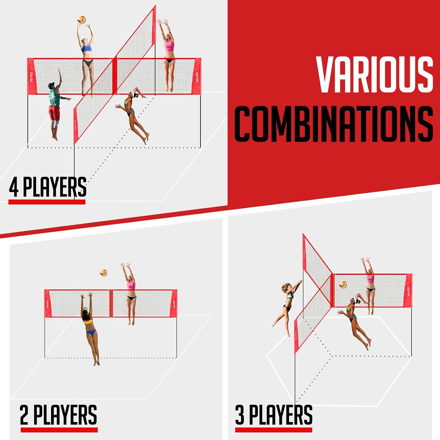 ZEALFEEL 4-Way Volleyball and Badminton Combo Net, 3 Heights Adjustable 4 Square Volleyball Game Set with Vollyball, Pump, Carry Bag, Hammer, 14 FT 4 Person Net for Backyard Beach Lawn