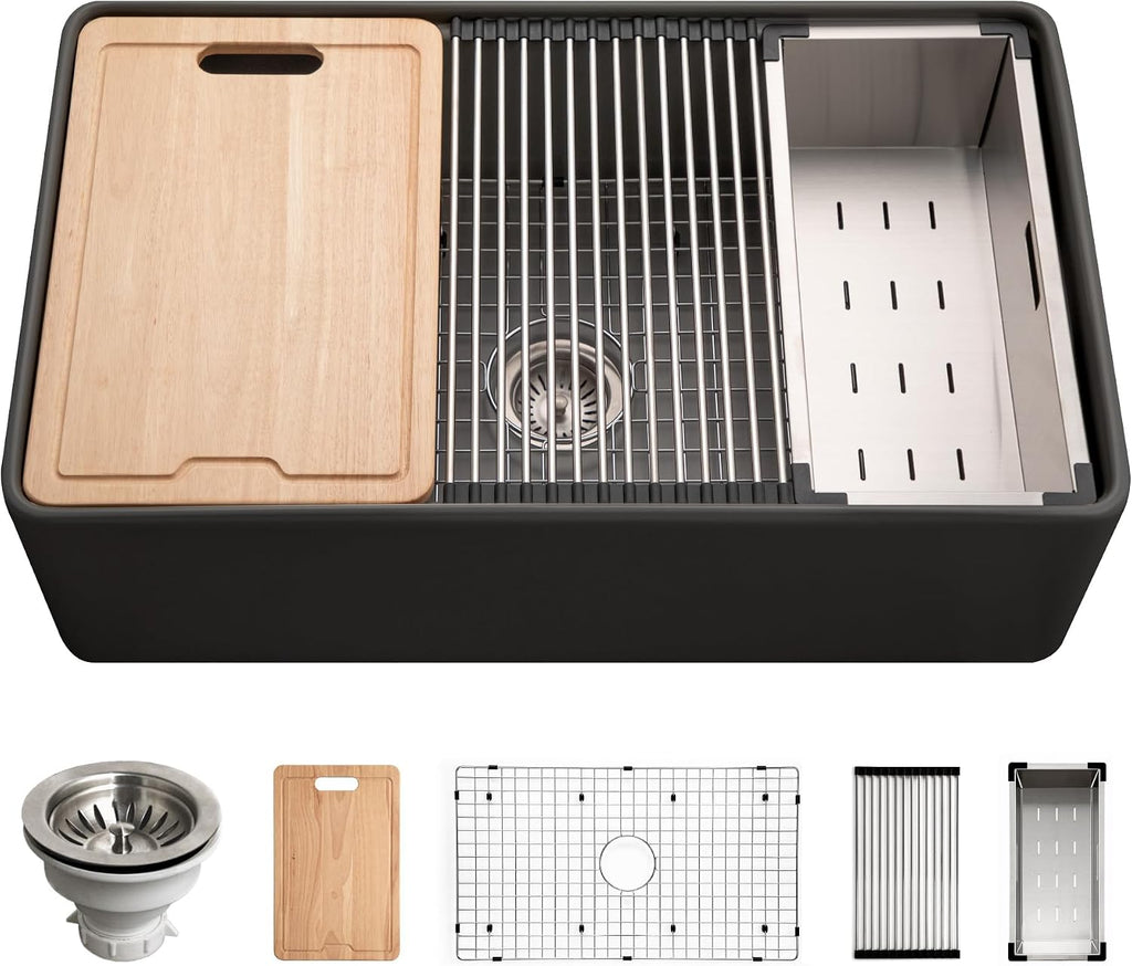 Houzer Aspire Black Fireclay Workstation Sink: 33 Inch Farmhouse Apron Front Single Bowl with Accessories, Durable & Versatile, Essential for Home & Apartment: PTW-3320 BL