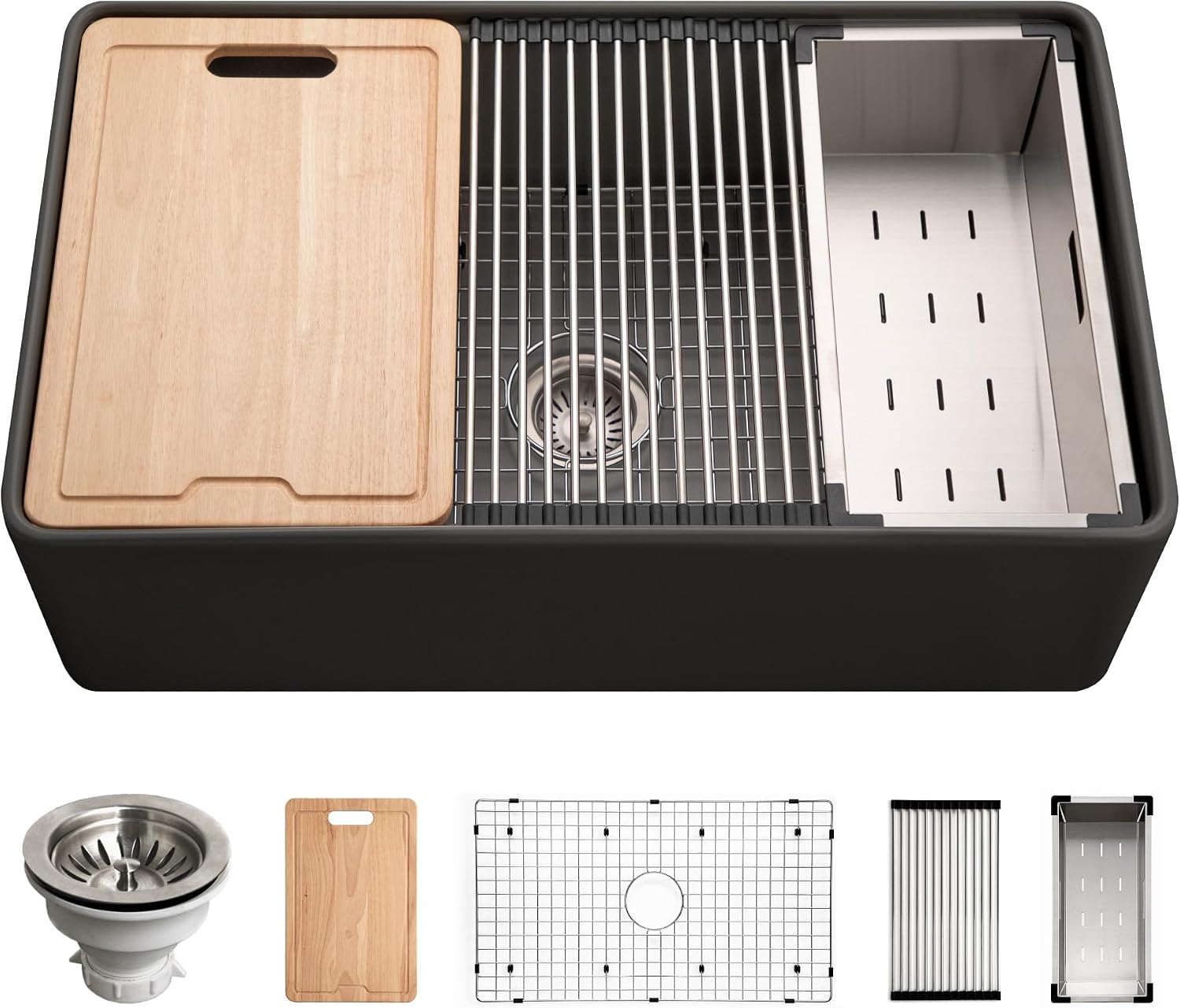 Houzer Aspire Black Fireclay Workstation Sink: 33 Inch Farmhouse Apron Front Single Bowl with Accessories, Durable & Versatile, Essential for Home & Apartment: PTW-3320 BL