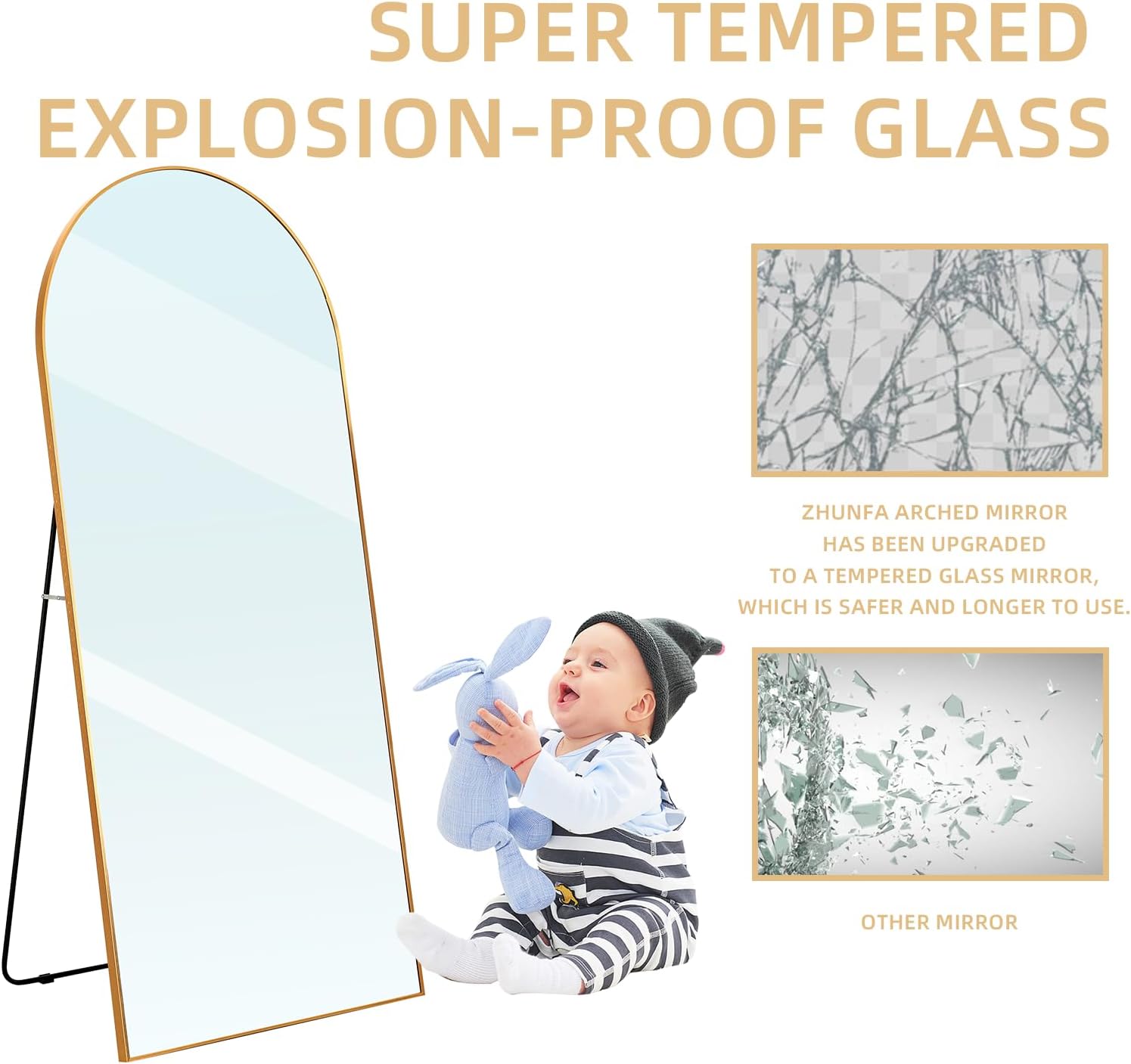 ZHUNFA Arched Full Length Mirror, 71x32 Oversized Floor Mirror with Stand | Gold Large Mirror Full Length, Aluminum Full Body Dressing Mirrors with Arched-Top, Leaning for Living Room, Bedroom