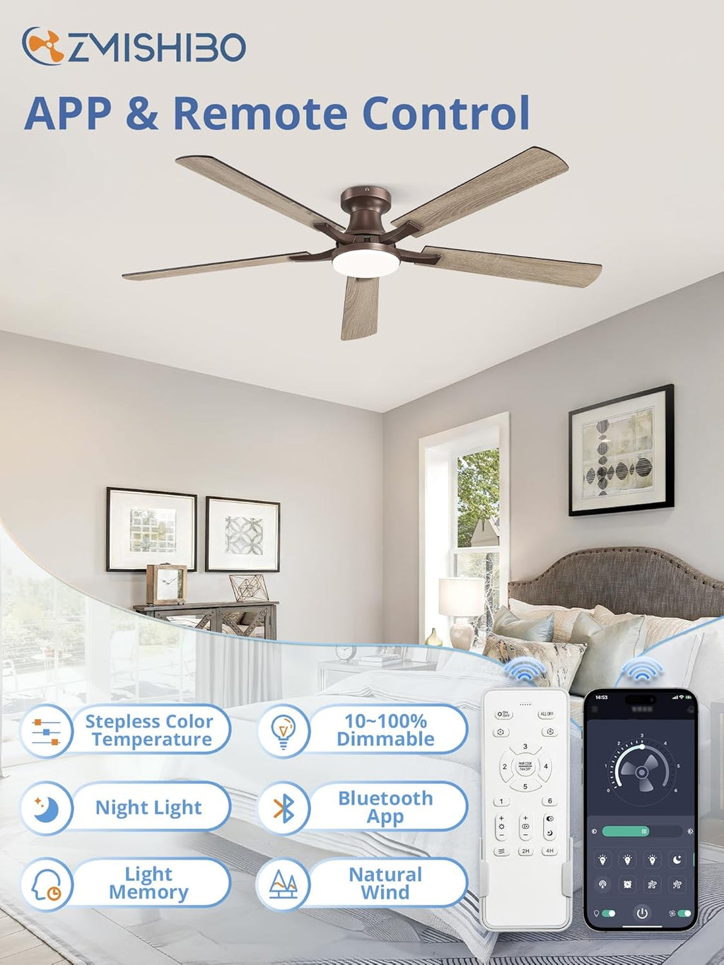 ZMISHIBO 60 Inch Ceiling Fan with Light, App&Remote Control, Flush Mount Low Profile, Dimmable 20W LED Light, Quiet Reversible Motor for Bedroom, Living Room, Apartment, Brown