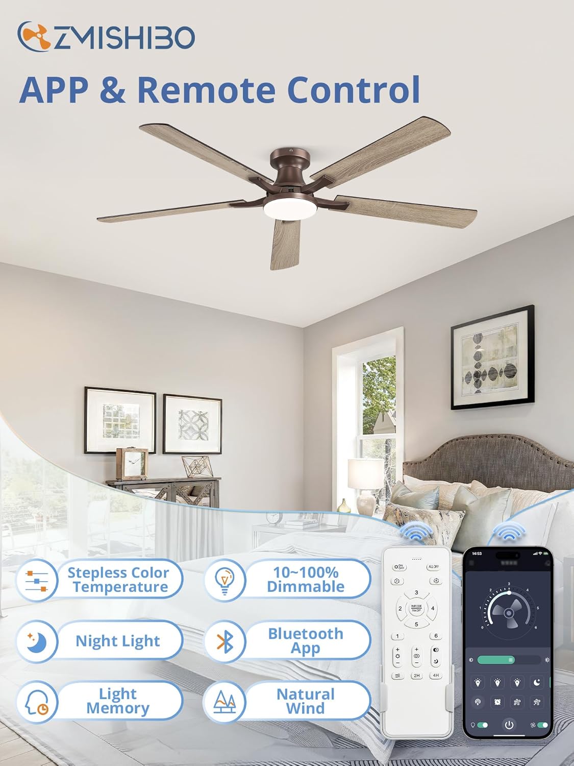 ZMISHIBO 60 Inch Ceiling Fan with Light, App&Remote Control, Flush Mount Low Profile, Dimmable 20W LED Light, Quiet Reversible Motor for Bedroom, Living Room, Apartment, Brown