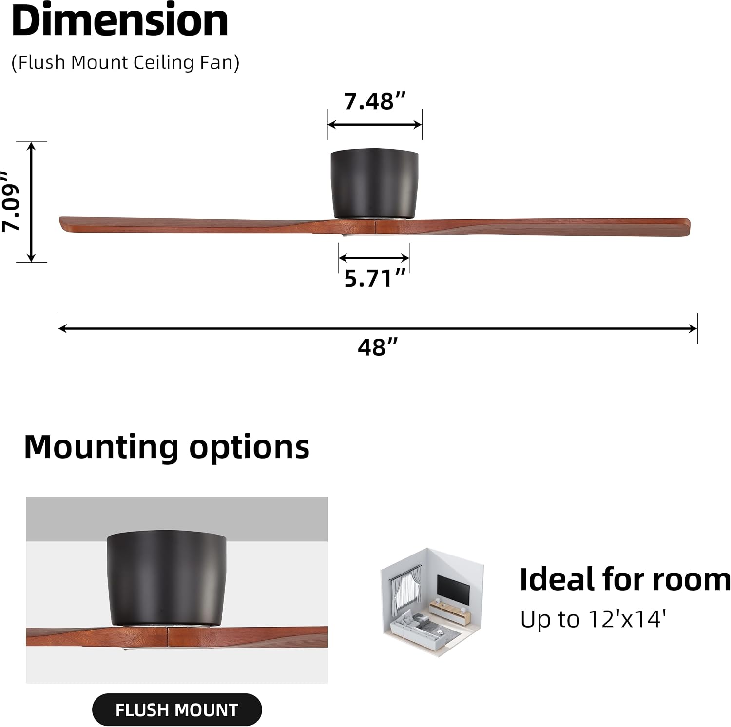 WINGBO 48 Inch Flush Mount DC Ceiling Fan without Lights, 3 Carved Wood Blades, 6-Speed Noiseless Reversible DC Motor, Hugger Ceiling Fan No Lights in Black Finish with Walnut Blades, ETL Listed
