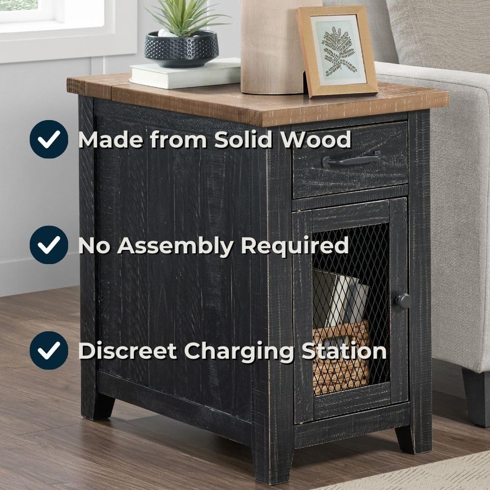 Martin Svensson Home Solid Wood Black and Driftwood Rustic Chairside End Table with Power and Storage
