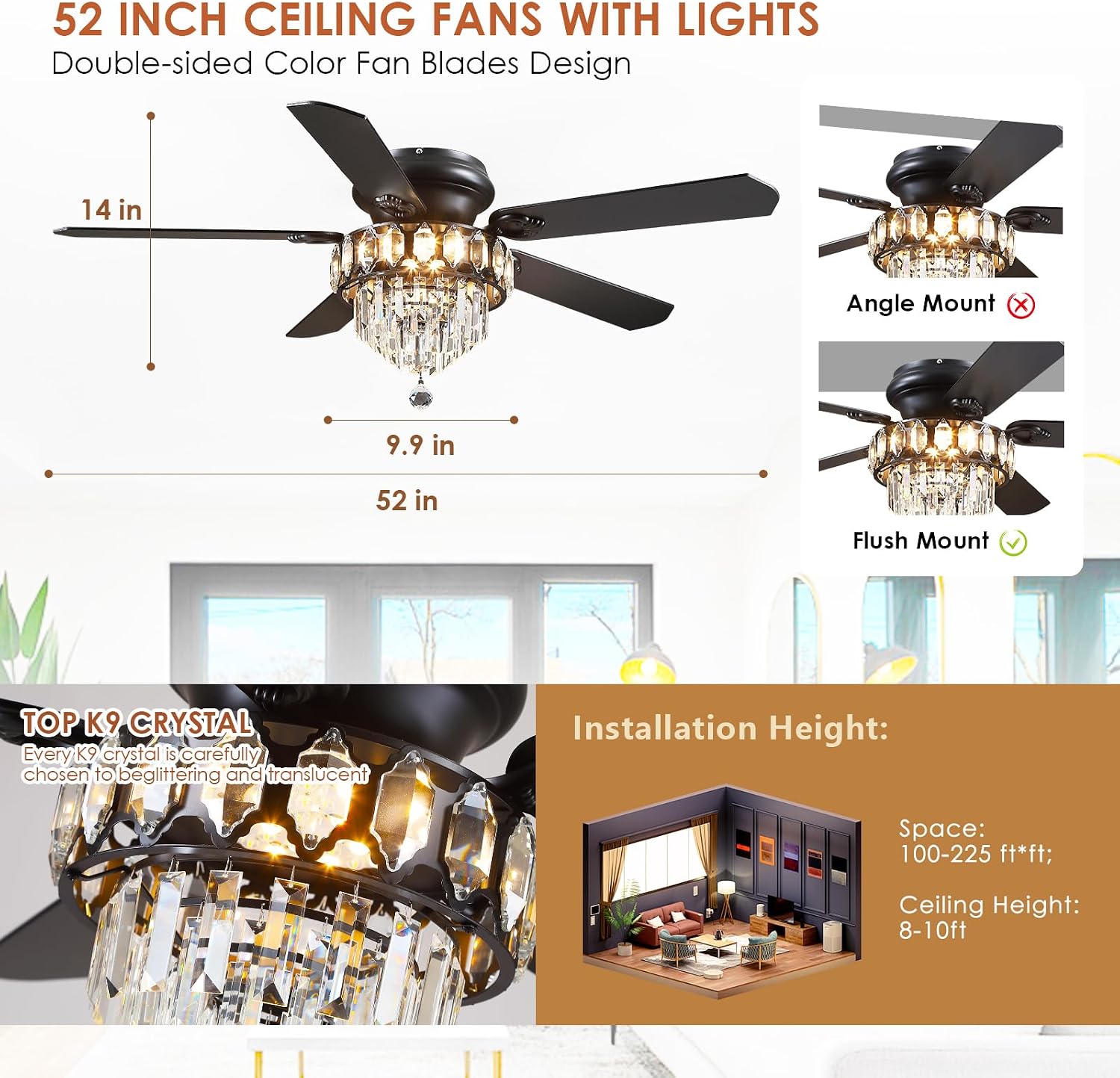 Asyko 52' Low Profile Crystal Ceiling Fan Fandelier with Lights and Remote Control- Retro/Farmhouse Ceiling Fans with Noiseless DC Motor, Flush Mount Ceiling Fan Light for Dining Room,Bedroom