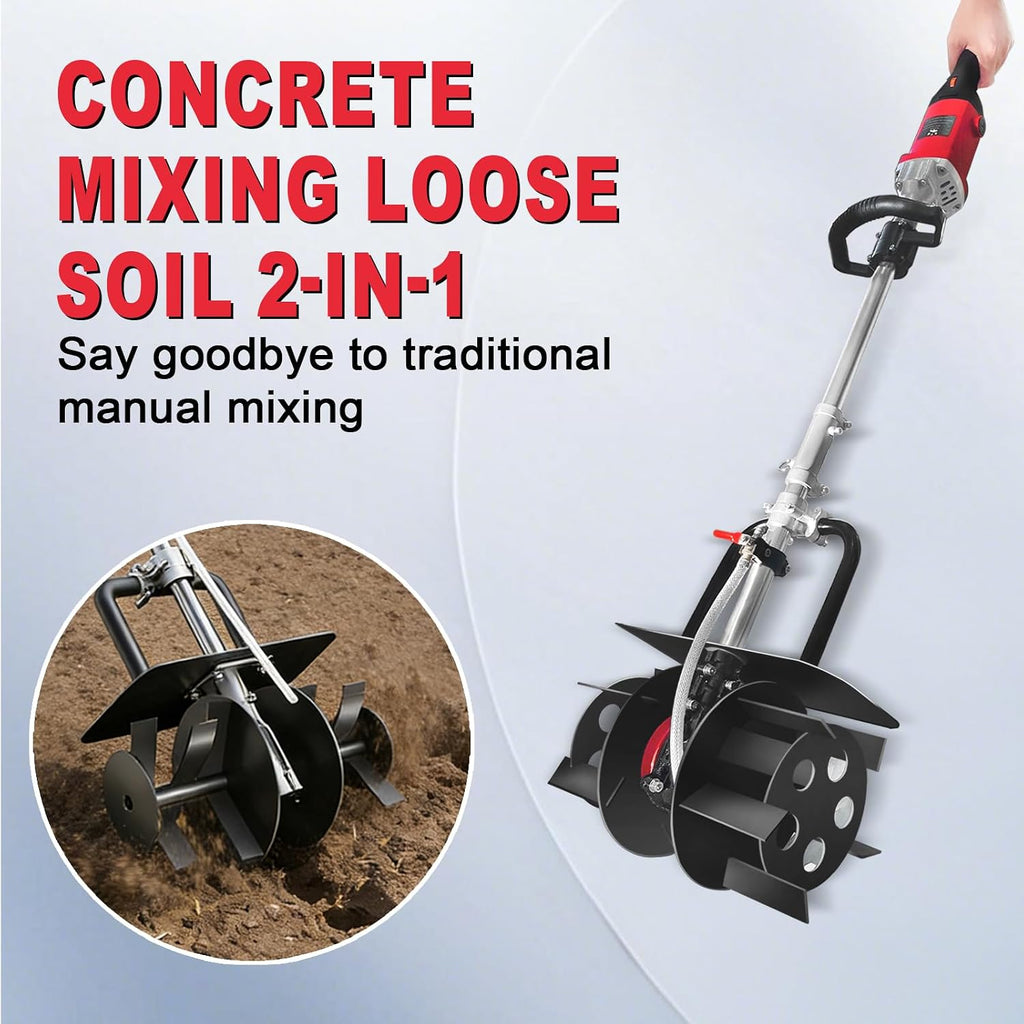 2 in 1 Electric Cement Mixer & Tiller - 1280W 6-Speed Portable Soil Cultivator with 320mm Mixing Width for Construction, Gardening, Road Repair (100-240V)