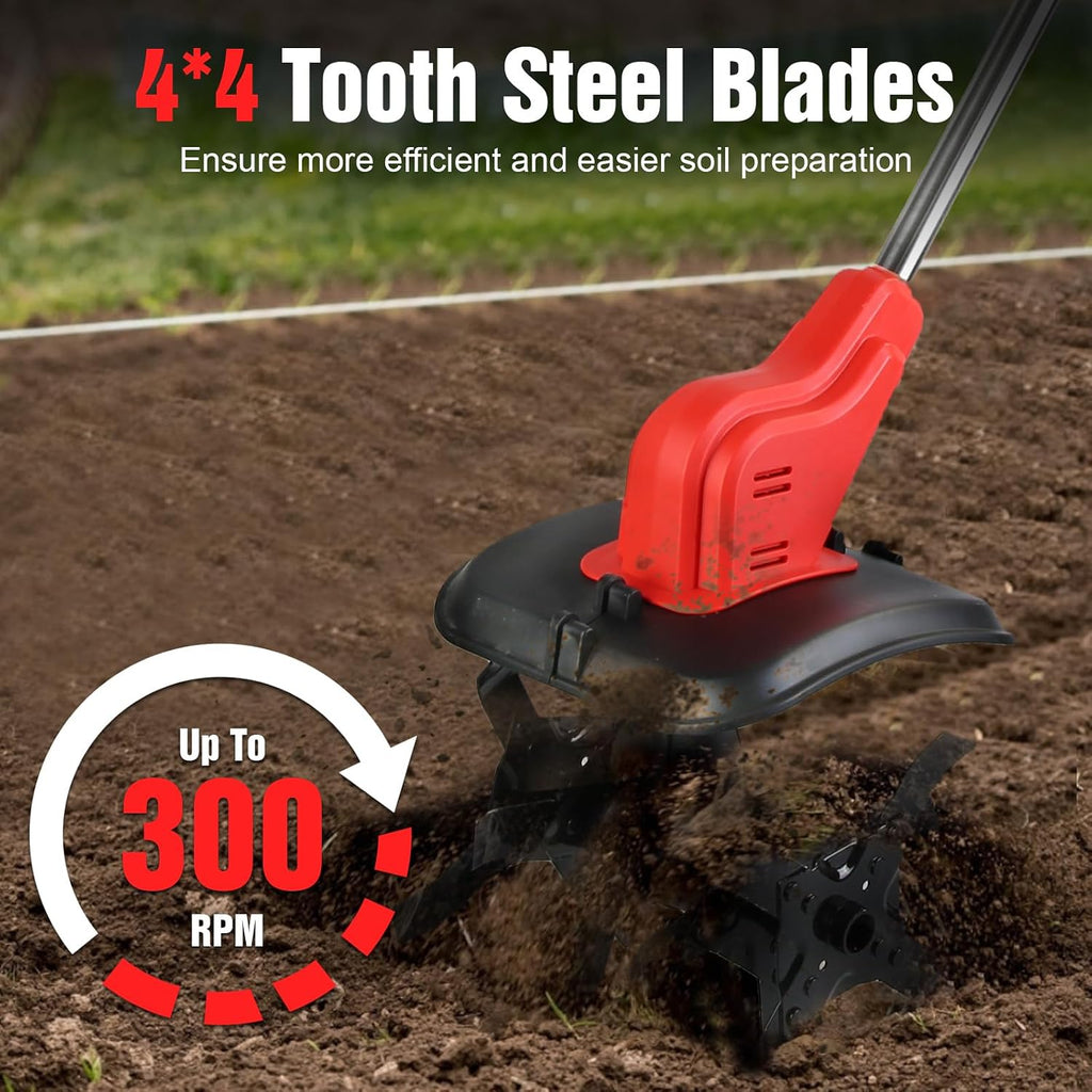 21V Cordless Tiller Cultivator, 300 RPM Electric Garden Rototiller with 4.0Ah Batteries & Charger, 9In Tilling Width and 9In Depth Garden Tiller with 16 Steel Tines for Yard, Soil Digging