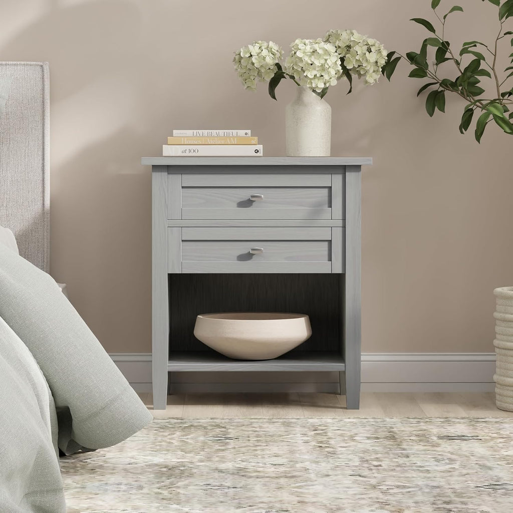 SIMPLIHOME Warm Shaker Bedside Table - 24 inch Wide Solid Wood Nightstand in Fog Grey, Transitional Bedroom Side or End Table with 2 Drawers, Open Shelf Storage and Brushed Nickel Hardware