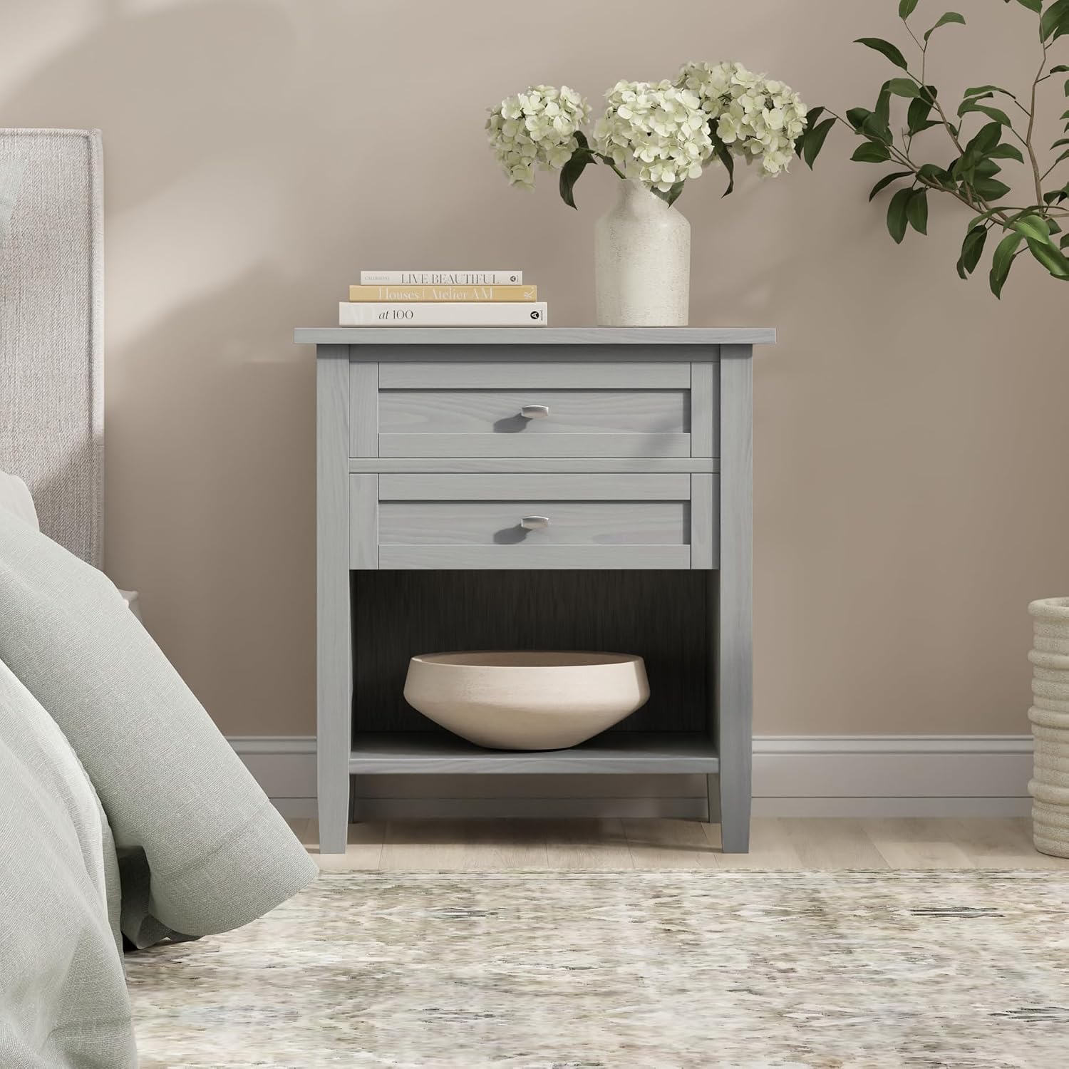 SIMPLIHOME Warm Shaker Bedside Table - 24 inch Wide Solid Wood Nightstand in Fog Grey, Transitional Bedroom Side or End Table with 2 Drawers, Open Shelf Storage and Brushed Nickel Hardware