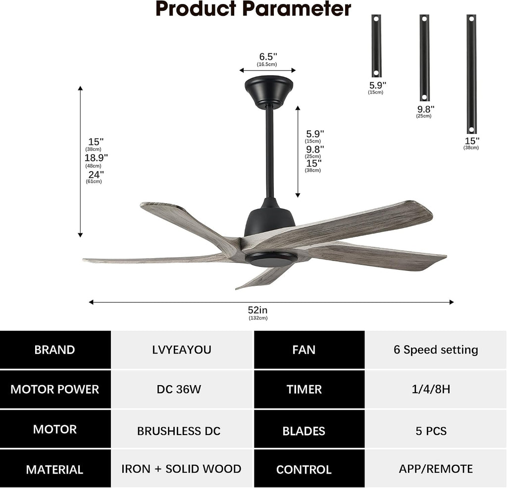 52' DC Ceiling Fan without Light, 5 Solid Wood Fan Blades, Remote and APP Control, 6-speed Reversible, Noiseless Ceiling Fan No Lights for Bedroom, Living Room, Office, Greywood