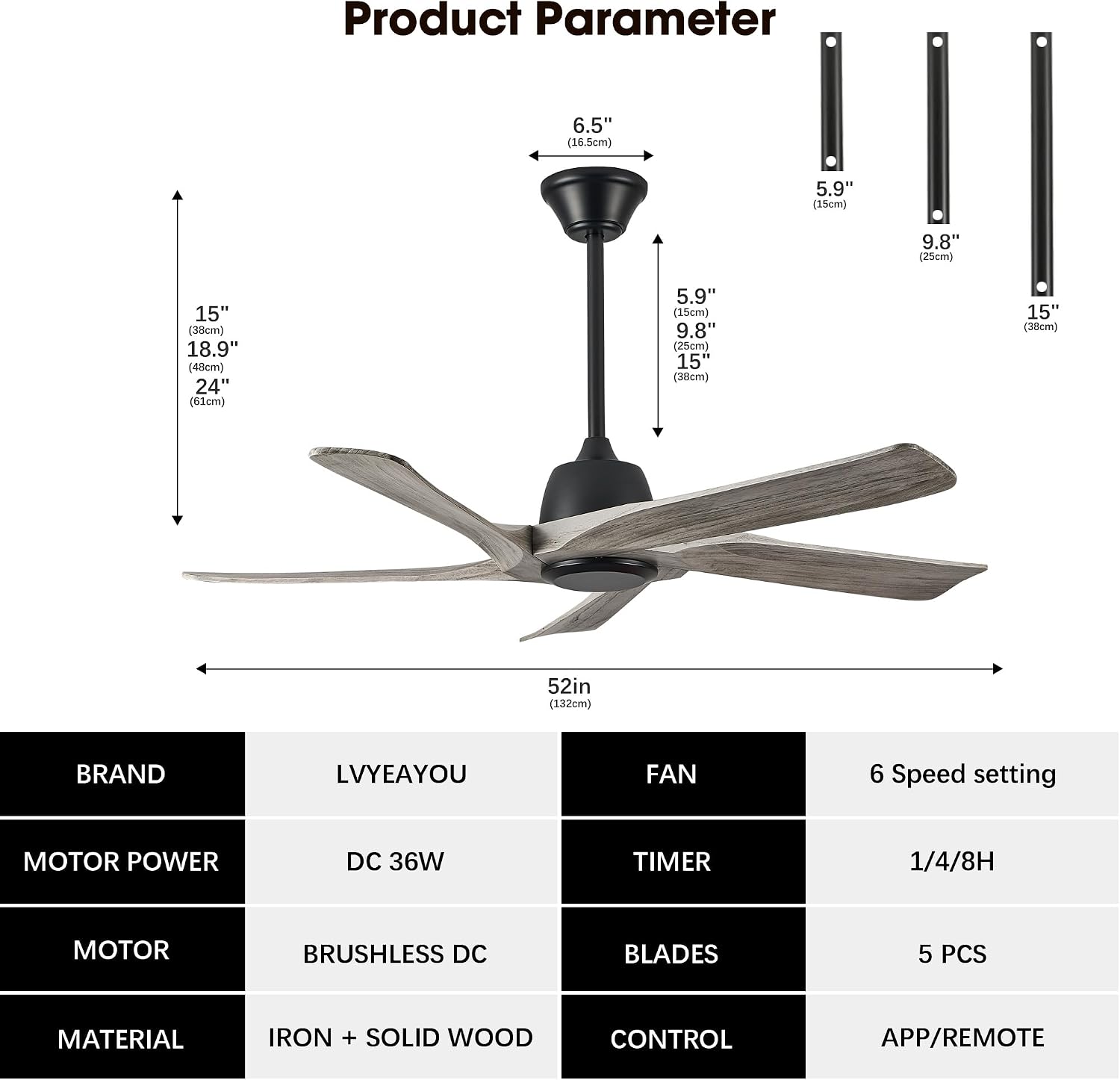 52' DC Ceiling Fan without Light, 5 Solid Wood Fan Blades, Remote and APP Control, 6-speed Reversible, Noiseless Ceiling Fan No Lights for Bedroom, Living Room, Office, Greywood