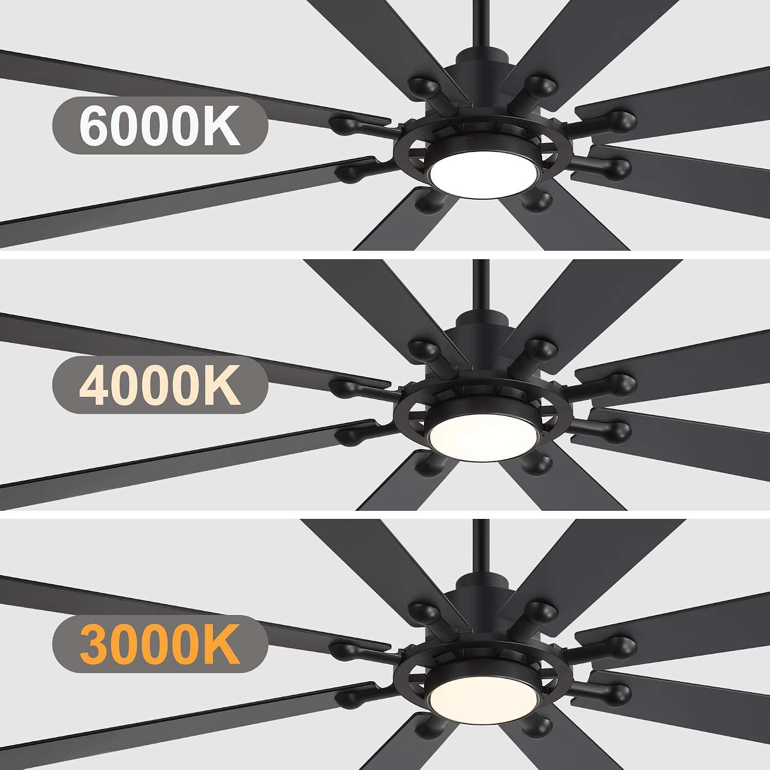 Farmhouse Black Ceiling Fans with Lights and Remote, 72 Inch Industrial Ceiling Fans with 6-Speed Reversible DC Motor, 3 CCT, Dual Finish 8 Blades, Indoor/Outdoor Ceiling Fan for Patio Bedroom