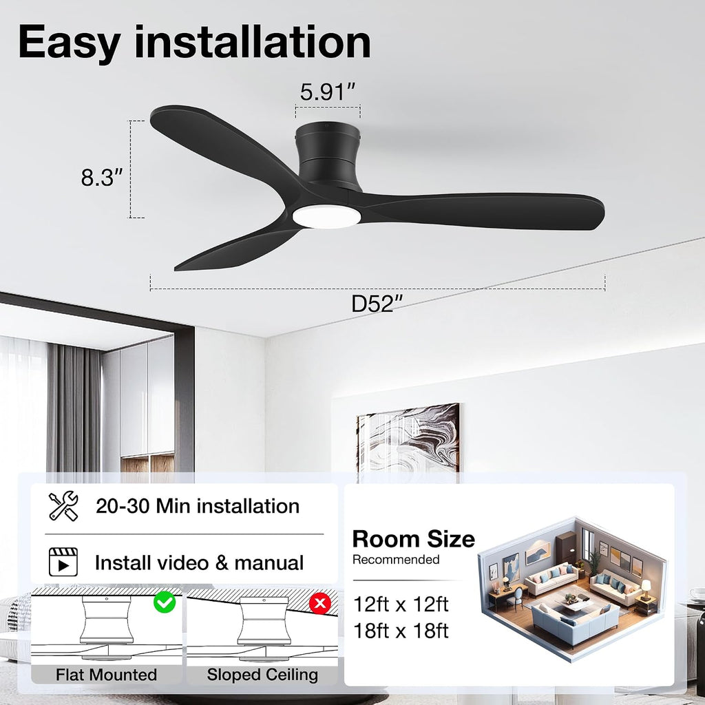52 Inch Wood Ceiling Fans with Lights Remote,Low Profile Flush Mount Ceiling Fan with Light,Outdoor Indoor Modern Ceiling fan for Bedroom Living room Patio,Matte Black,3 Blades,Dimmable,Ultra-Quiet