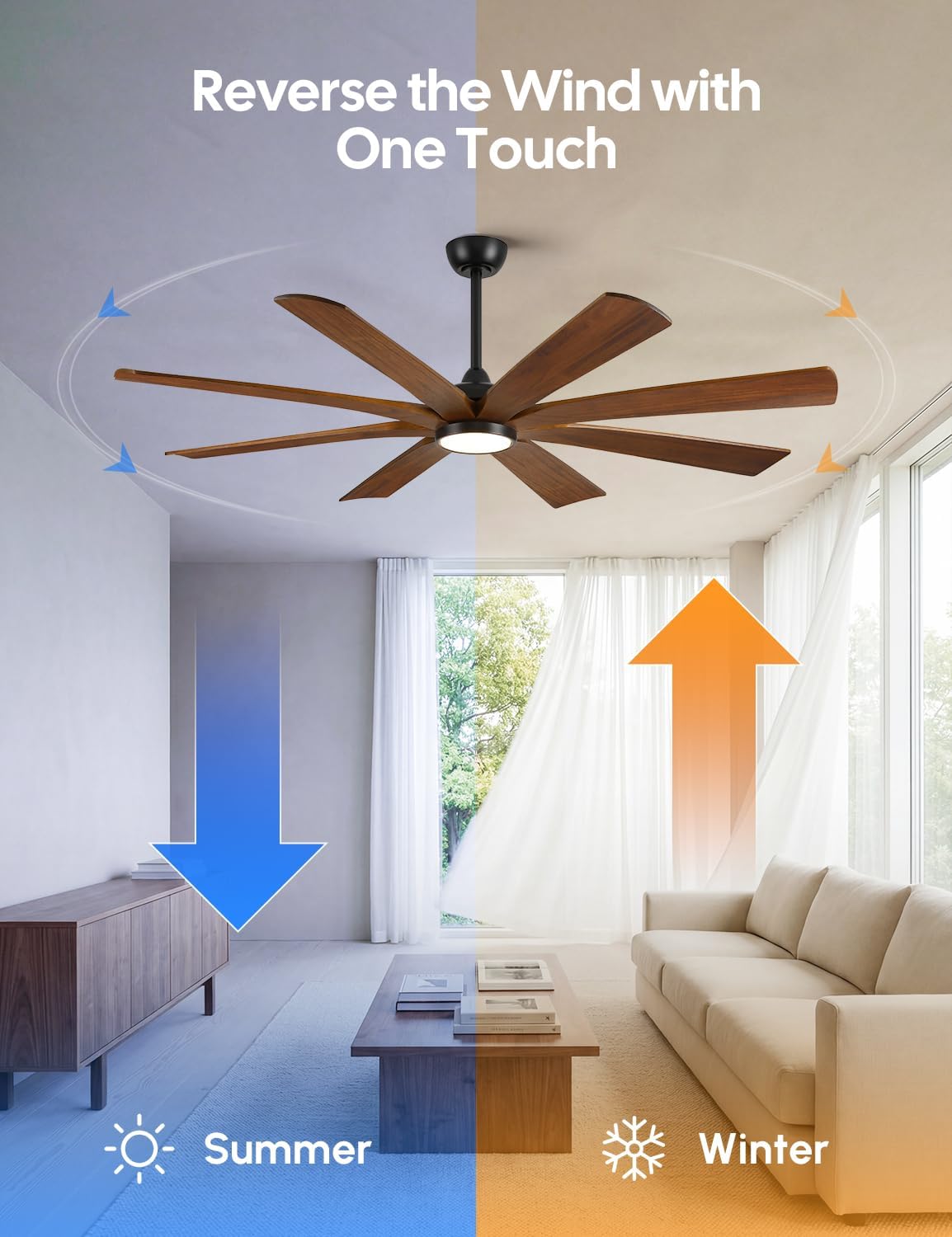 65 Inch Smart Outdoor Ceiling Fan with Lights, Alexa/App/Remote Control, 8 Solid Wood Walnut Blades Damp Rated, High 9876 CFM Quiet DC Motor, Farmhouse Style for Large Room Exterior Gazebo Patio