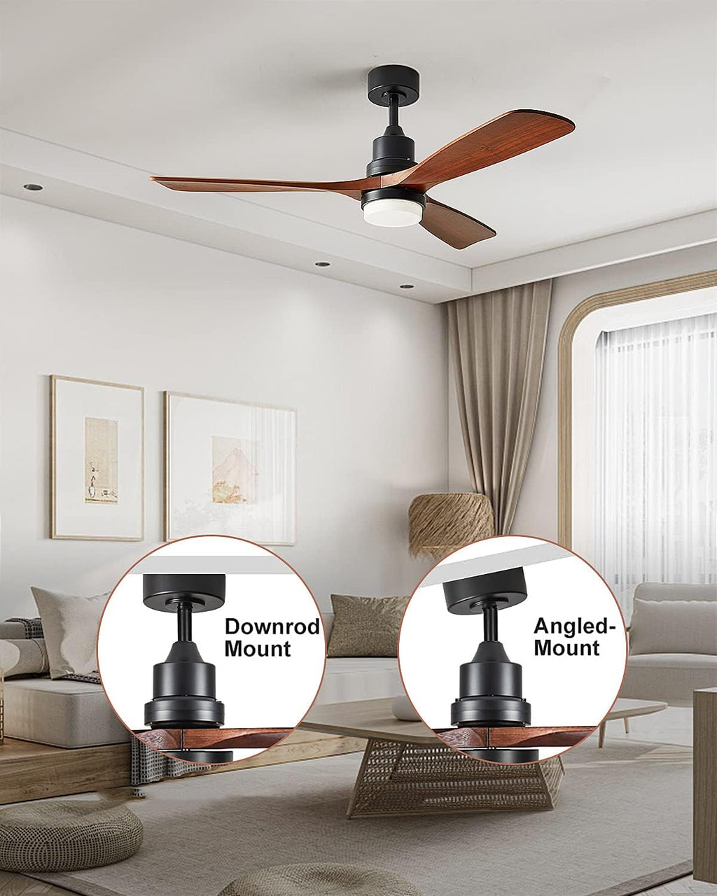 Ceiling Fans with Lights, 60' Wood Ceiling Fan with Remote Control, 3 Walnut Fan Blades Reversible Quiet DC Motor 6 Speeds Timing Farmhouse Ceiling Fan for Bedroom/Living Room/Study/Porch