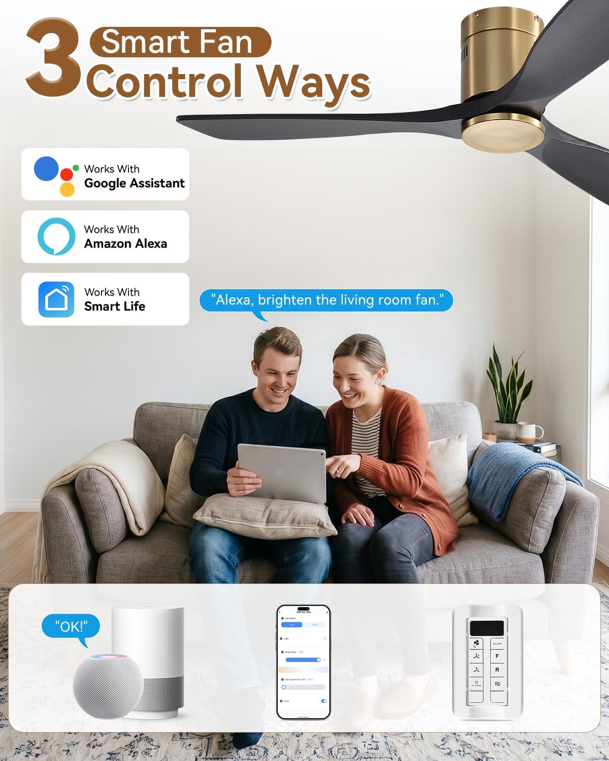 Sofucor 52' Solid Wood Low Profile Flush Mount Ceiling Fan No Light, Outdoor Modern Ceiling Fan without Light works with Alexa/Google/App6-Speed, 3-Timer, Reversible DC Motor for Living Room Bedroom