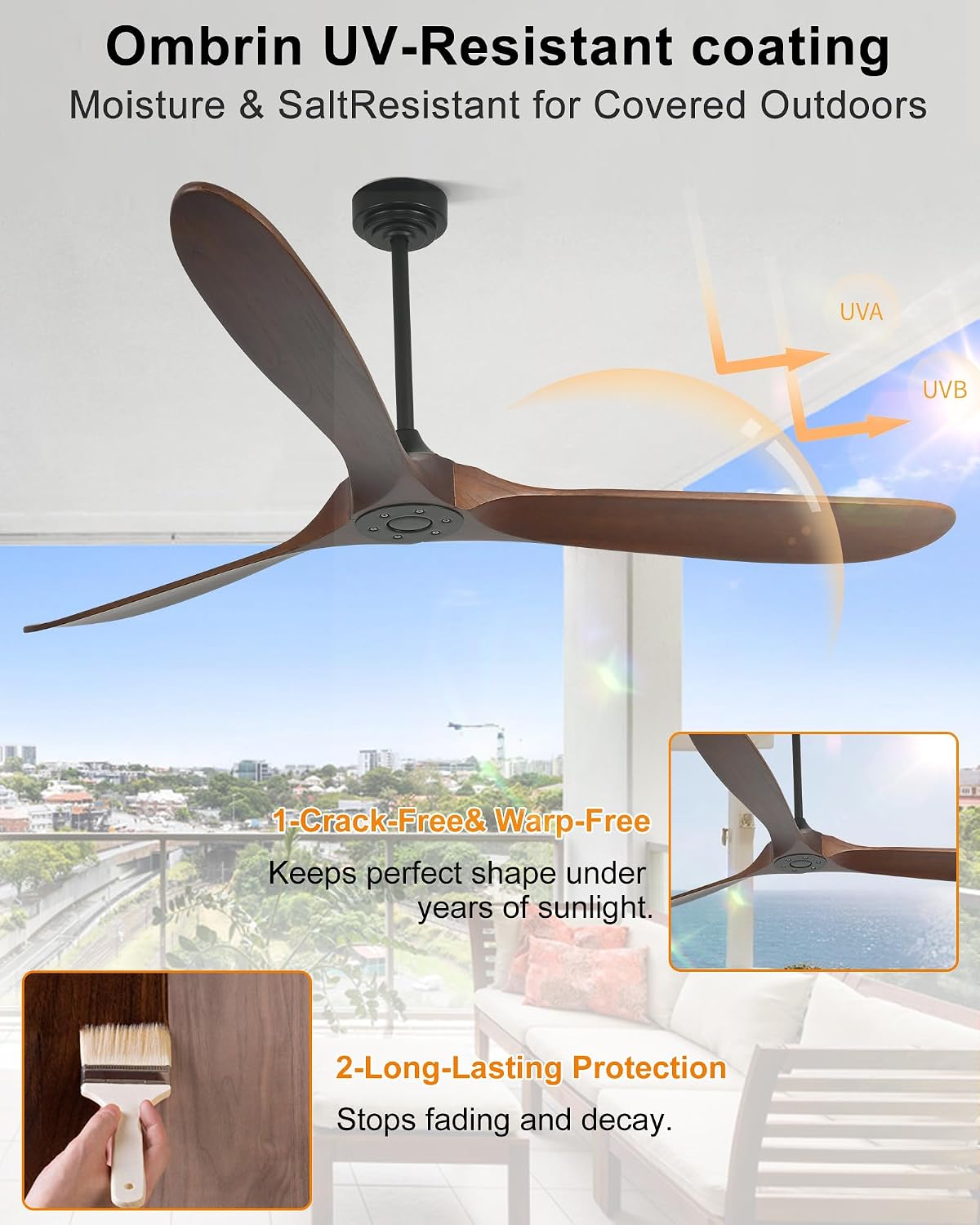 72' Smart Ceiling Fan without Lights, Wood Large Ceiling Fan with Remote Alexa Google App, 3 Blade Propeller for Patios Farmhouse Garage High CFM, Red Walnut