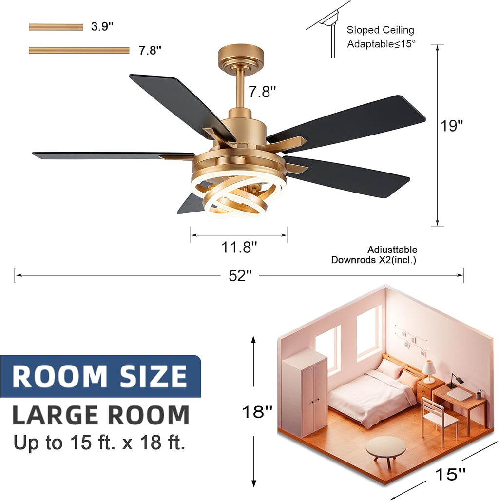52 Inch Chandelier Ceiling Fans with Lights and Remote Control,6 Wind Speeds,3 Lighting Colors Optional,DC Motor,DIY Rings LED,Ceiling Fan for Living Room/Dining Room/Bedroom/Kitchen