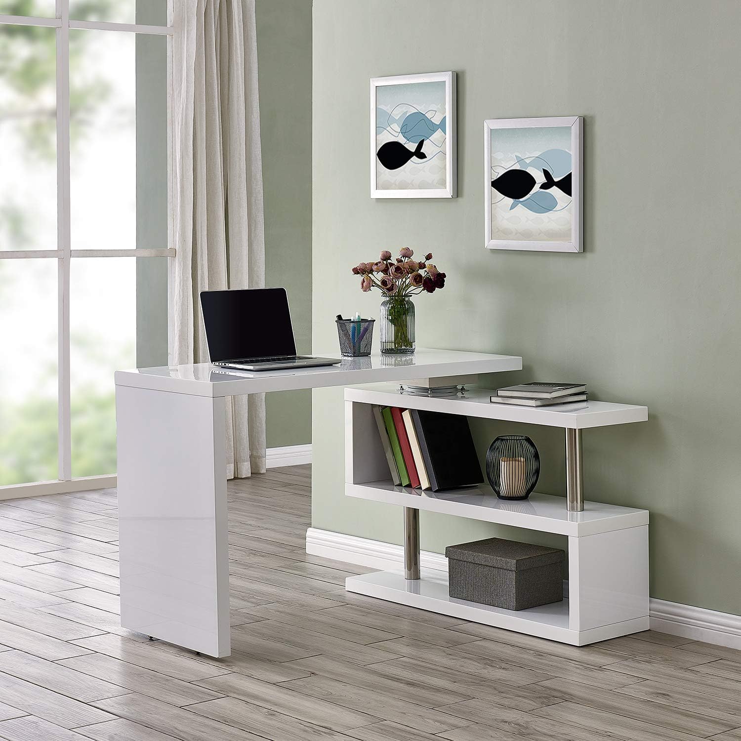 SEI Furniture Yates Multifunctional Corner/L Desk w/ Shelves, White-chrome