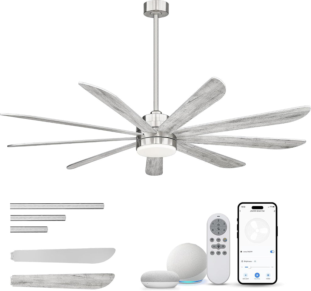 72 inch Large Ceiling Fans with Lights, Modern Ceiling Fan with Voice Control for Kitchen Living Room, 9 Blades Dual Nickel & White Walnut Ceiling Fan with Remote, CF03-BN
