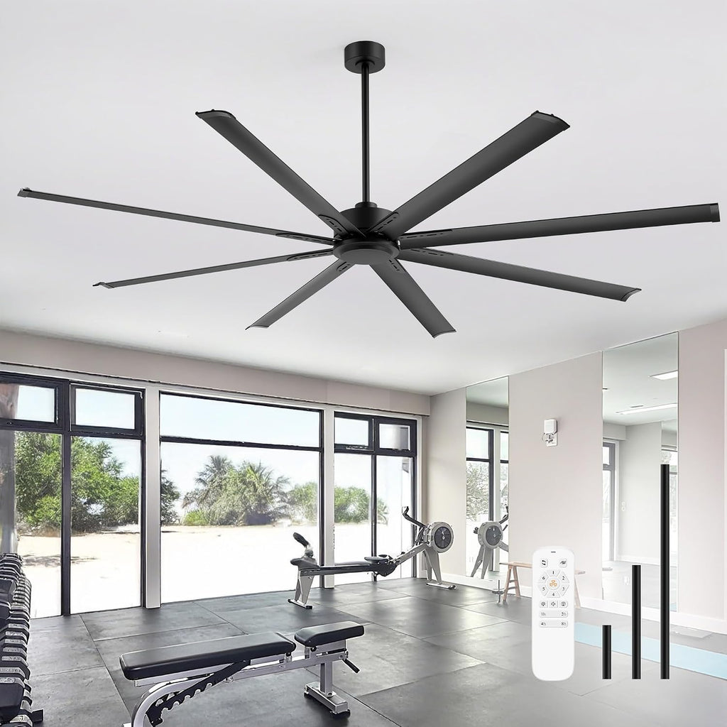 84' Industrial Large Ceiling Fan No Light Remote Control, 8 Aluminum Blades, 6-Speed Reversible DC Motor, 3 Downrods, Commercial Ceiling Fans Without Light for Warehouse Porch Garage Shop Gym, Black