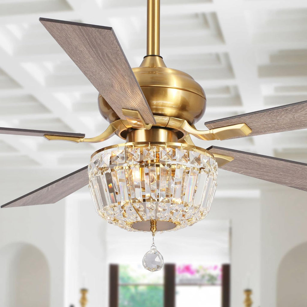 52' Crystal Ceiling Fan with Lights and Remote, Champagne Bronze Chandelier Ceiling Fan, Reversible 5-Blade Ceiling Fan for Bedroom, Living Room, Dining Room, Luxury Glam Style