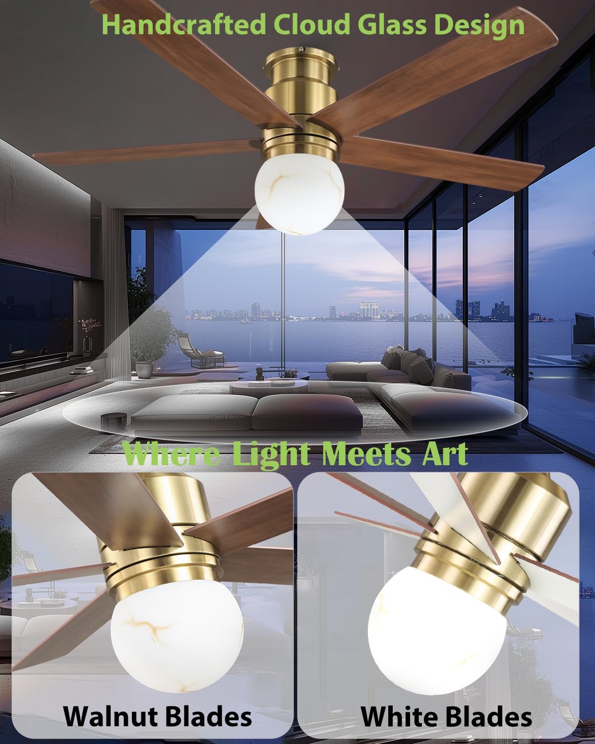 52' Low Profile Ceiling Fan with Light, Modern Flush Mount Brushed Gold Ceiling Fan Remote, Dimmable LED 3 Color Temp, Quiet Reversible DC Motor, Dual-Finish White/Walnut Blades