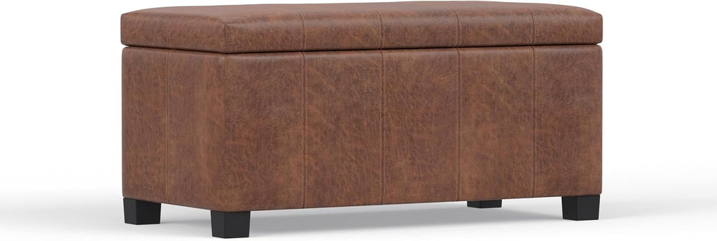 SIMPLIHOME Dover Storage Ottoman Bench - 36 inch Wide Upholstered Vegan Leather Rectangular Lift-Top Ottoman in Distressed Umber Brown, Contemporary Bench for Living Room with Safety Hinges