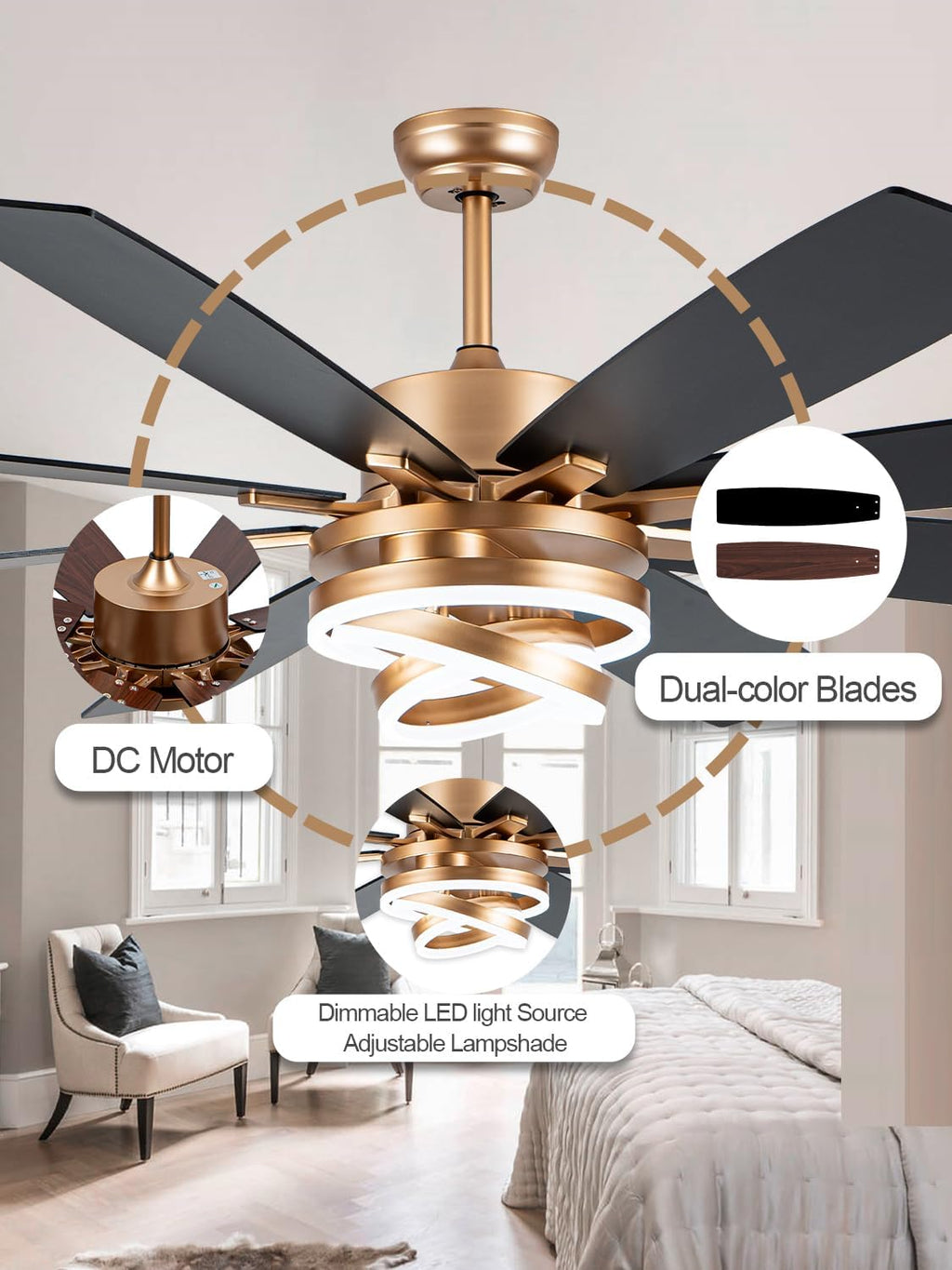 72 Inch Black and Gold Ceiling Fan with Lights and Remote Modern Fandelier Ceiling Fan Large Chandelier LED Light, Reversible DC Motor 3CCT Dimmable 6 Speed for Living Room Indoor Outdoor