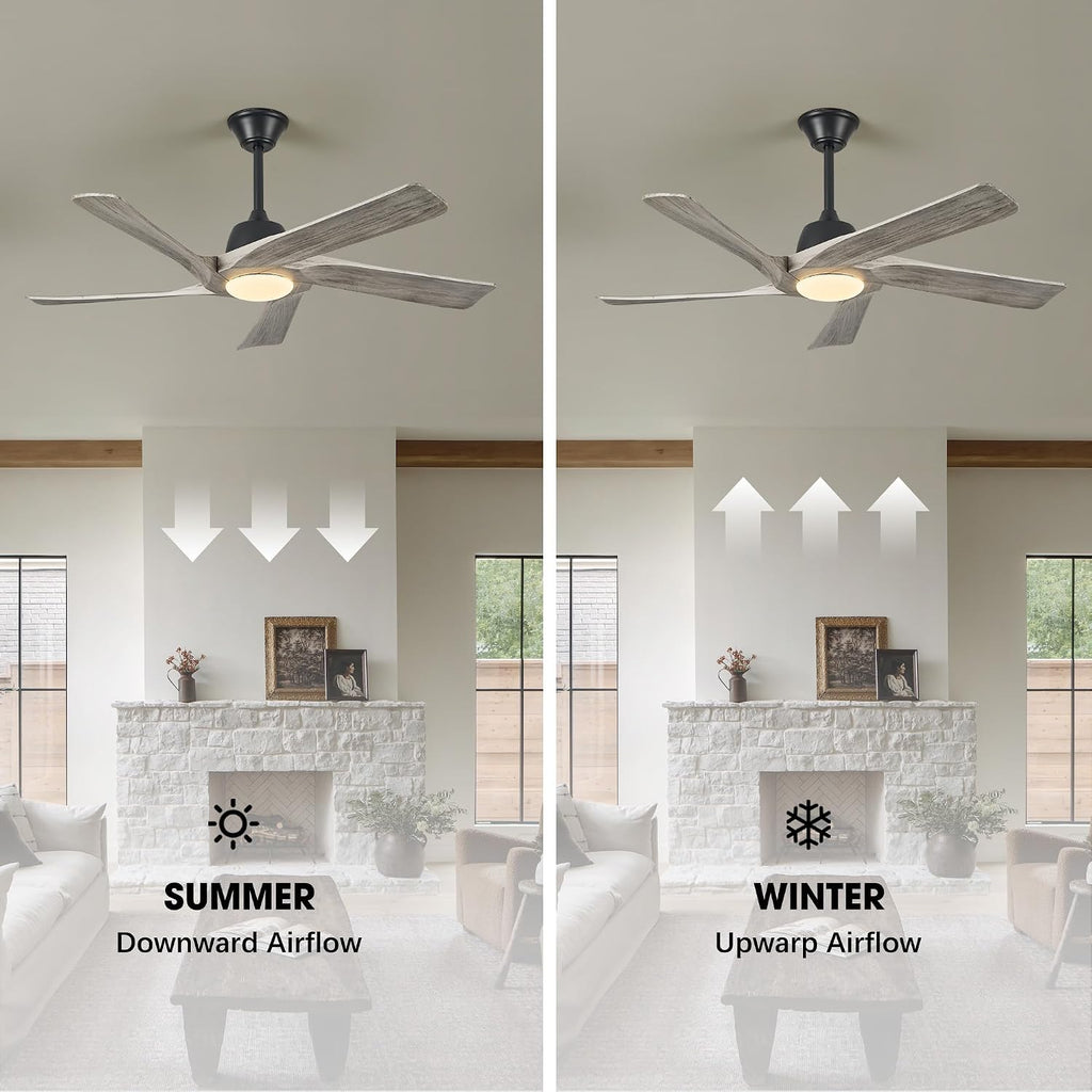52 Inch Solid Wood Ceiling Fan with Lights, Remote and APP Control, 3-color Dimmable LED, DC Motor, 6-speed Reversible, Modern Ceiling Fans for Bedroom, Living Room, Greywood