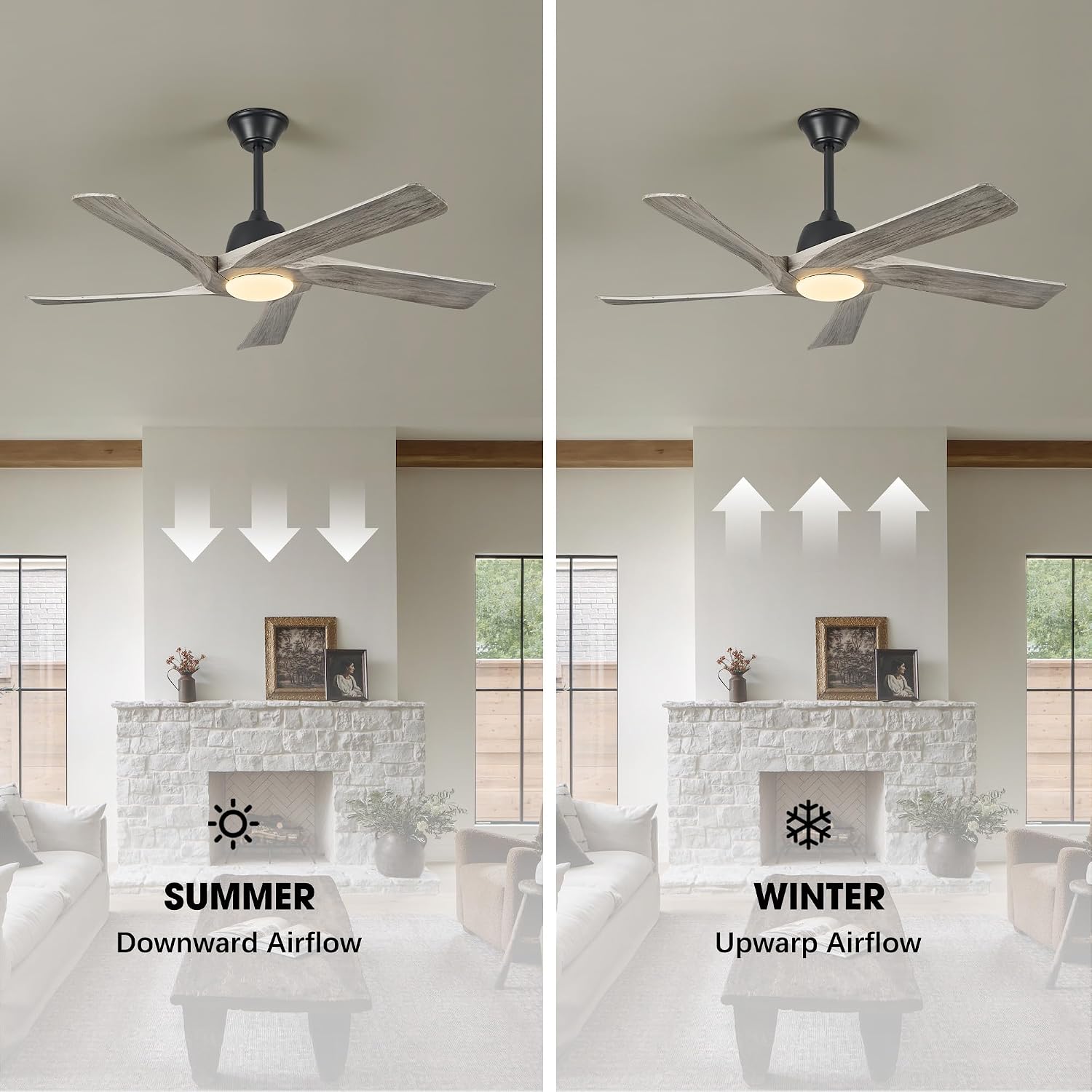 52 Inch Solid Wood Ceiling Fan with Lights, Remote and APP Control, 3-color Dimmable LED, DC Motor, 6-speed Reversible, Modern Ceiling Fans for Bedroom, Living Room, Greywood