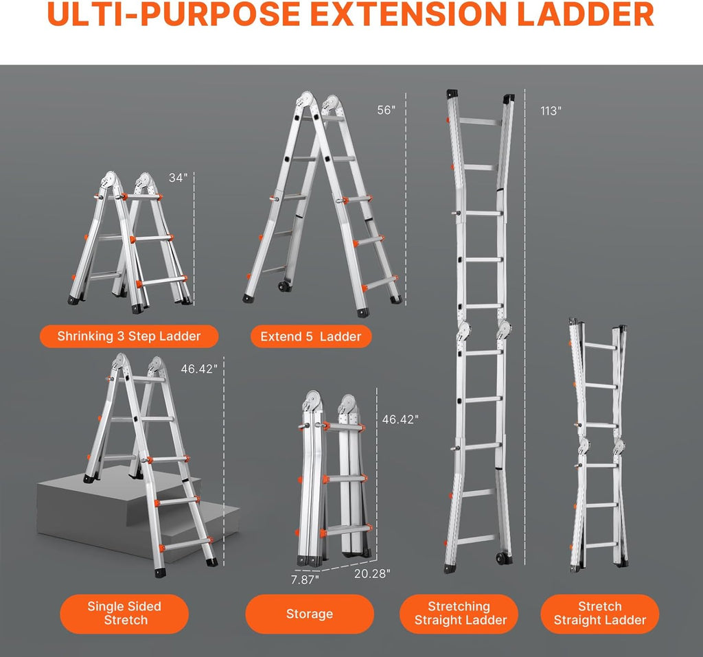 VEVOR 9.5 FT Telescoping Ladder - Compact & Portable Aluminum Extension Ladder, 330lb Load Capacity for Home, Roof, Stairs, Indoor & Outdoor Use