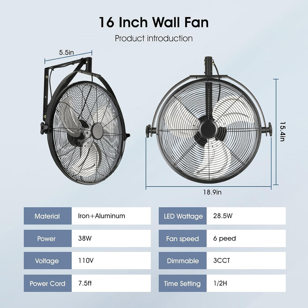 AHAWILL 16 Inch Wall Mount Fan with Lights,6-Speed High Velocity Wall Fan Dimmable Gazebo Fan,360°Adjustable Tilt Industrial Outdoor Fans for Patio,Garage,Workshop,Commercial,Black