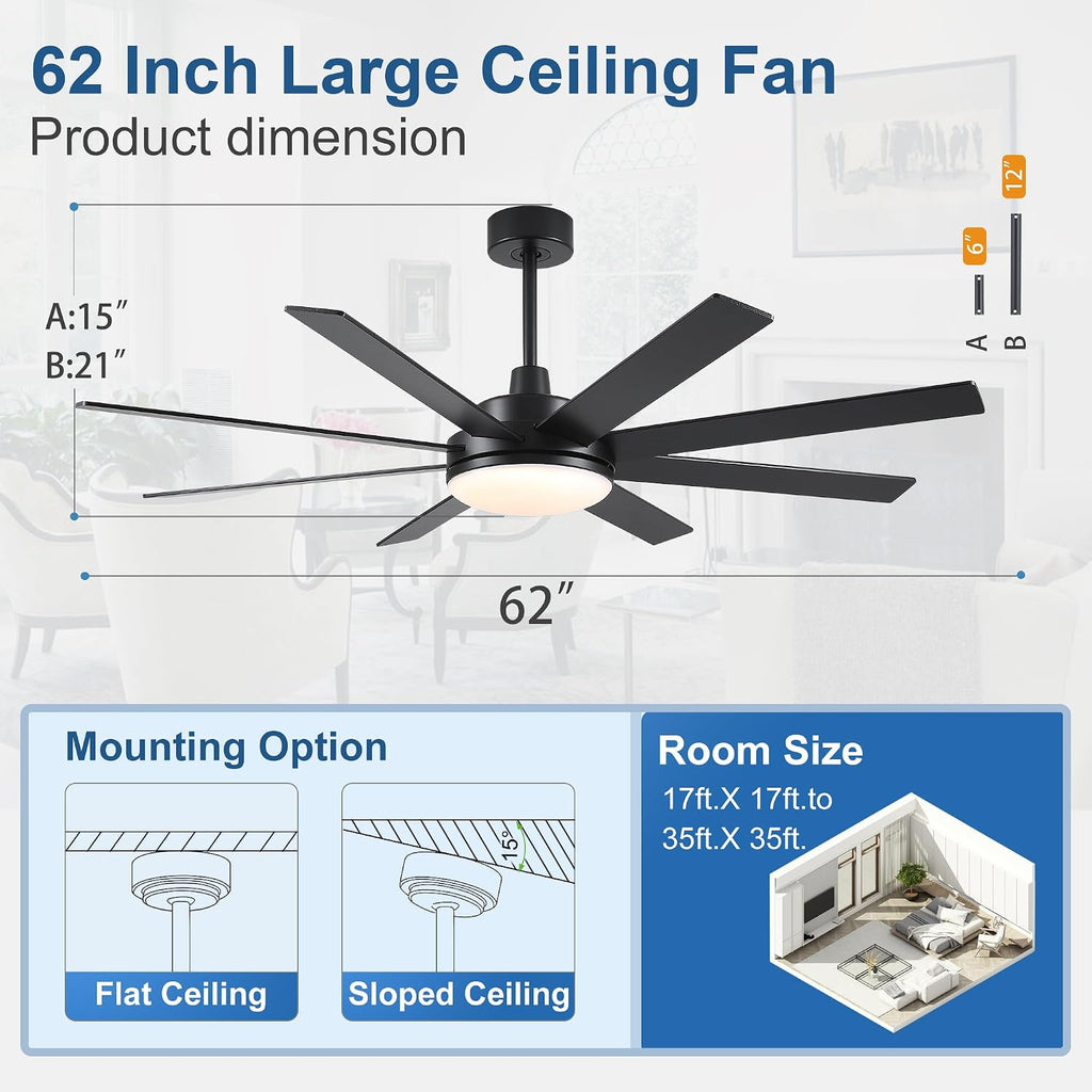Ceiling Fans with Lights and Remote - 62 Inch Black Modern Ceiling Fan with Light for Bedroom Living Room Kitchen Indoor - 6 Speed Reversible DC Motor Timer 3 CCT Dimmable