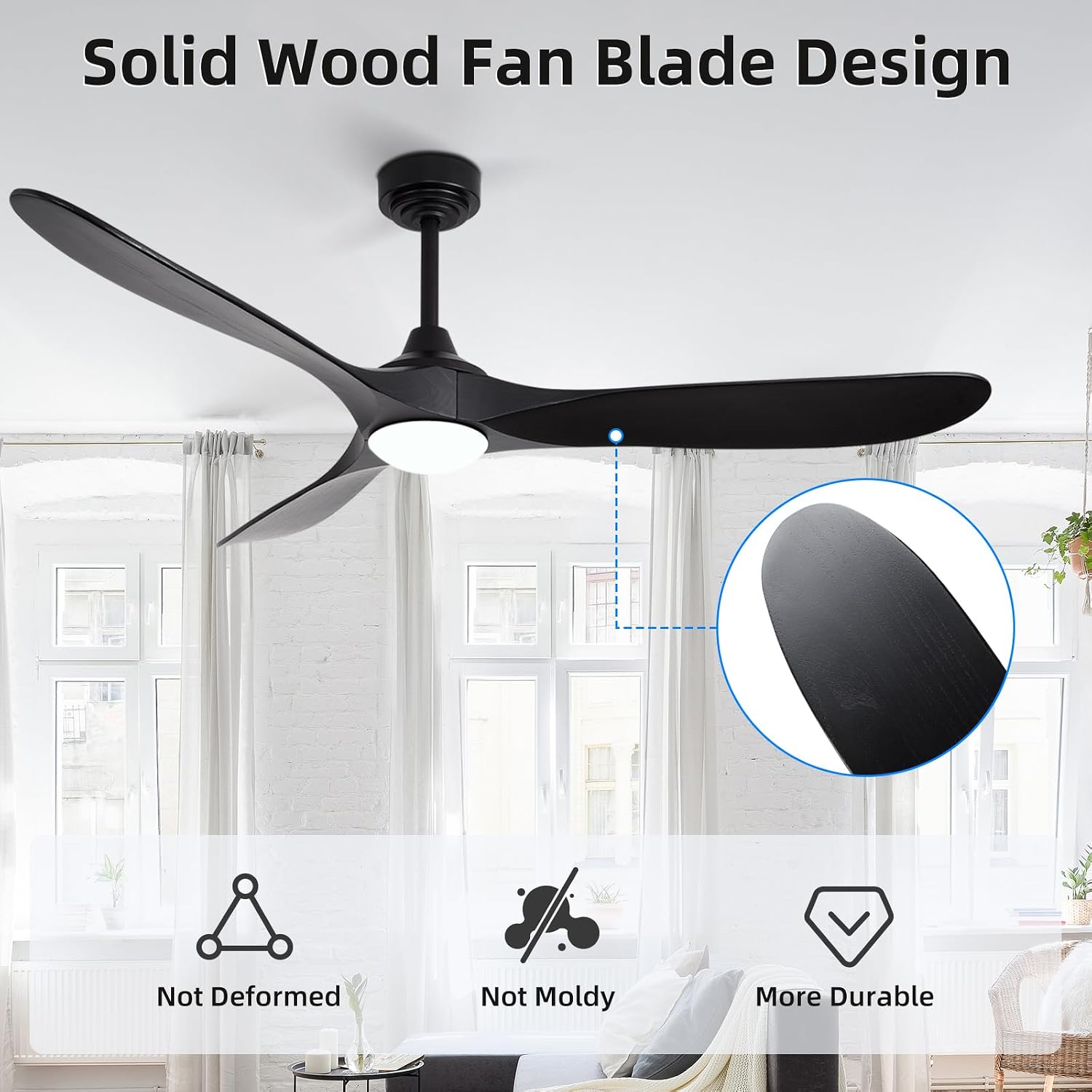 60' Outdoor Ceiling Fan with Light 3 Downrods, Smart Wood Ceiling Fan Compatible with Alexa/Google/App, 3 Blades Modern Black Wood Ceiling Fans for Kitchen Living Room Patio