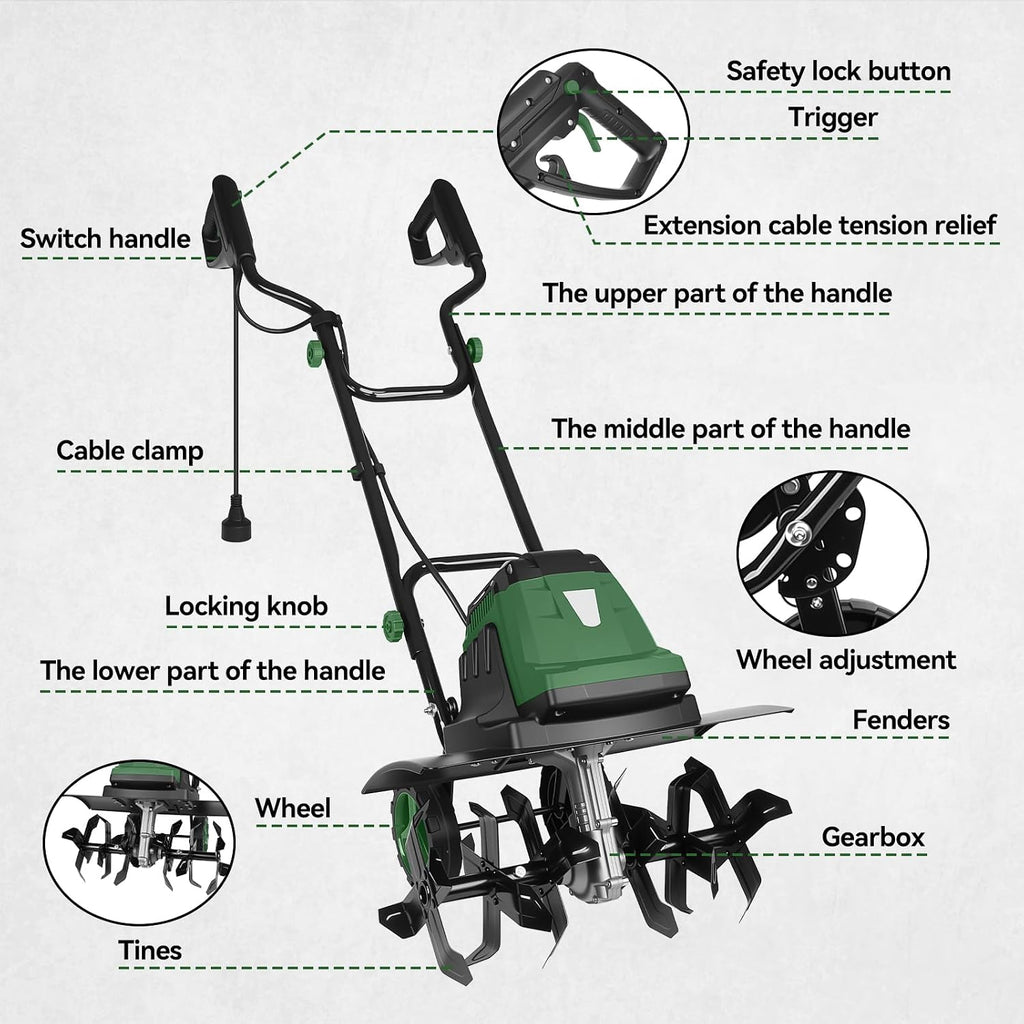 18 Inch Electric Tiller Cultivator, 15 Amp Corded Tiller with Foldable Handle, 6 Steel Tines with Wheels for Lawn, Garden and Field Soil Cultivation
