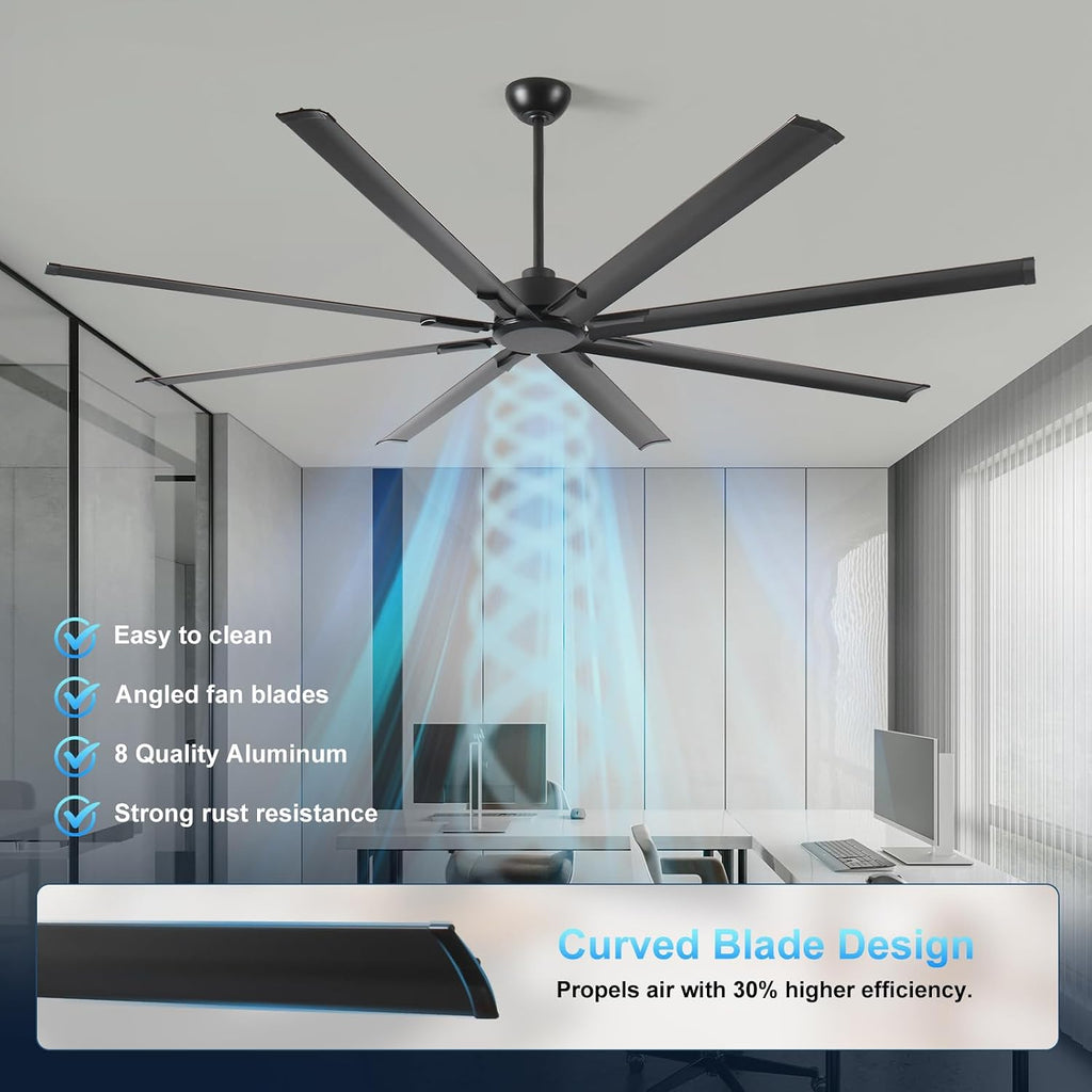 72' Industrial Ceiling Fan with Remote - 8 Blade Aluminum, 9,500 CFM Airflow, Quiet DC Motor, Indoor/Outdoor, 3 Downrods, Black Commercial Fan for Garage/Warehouse/Patio